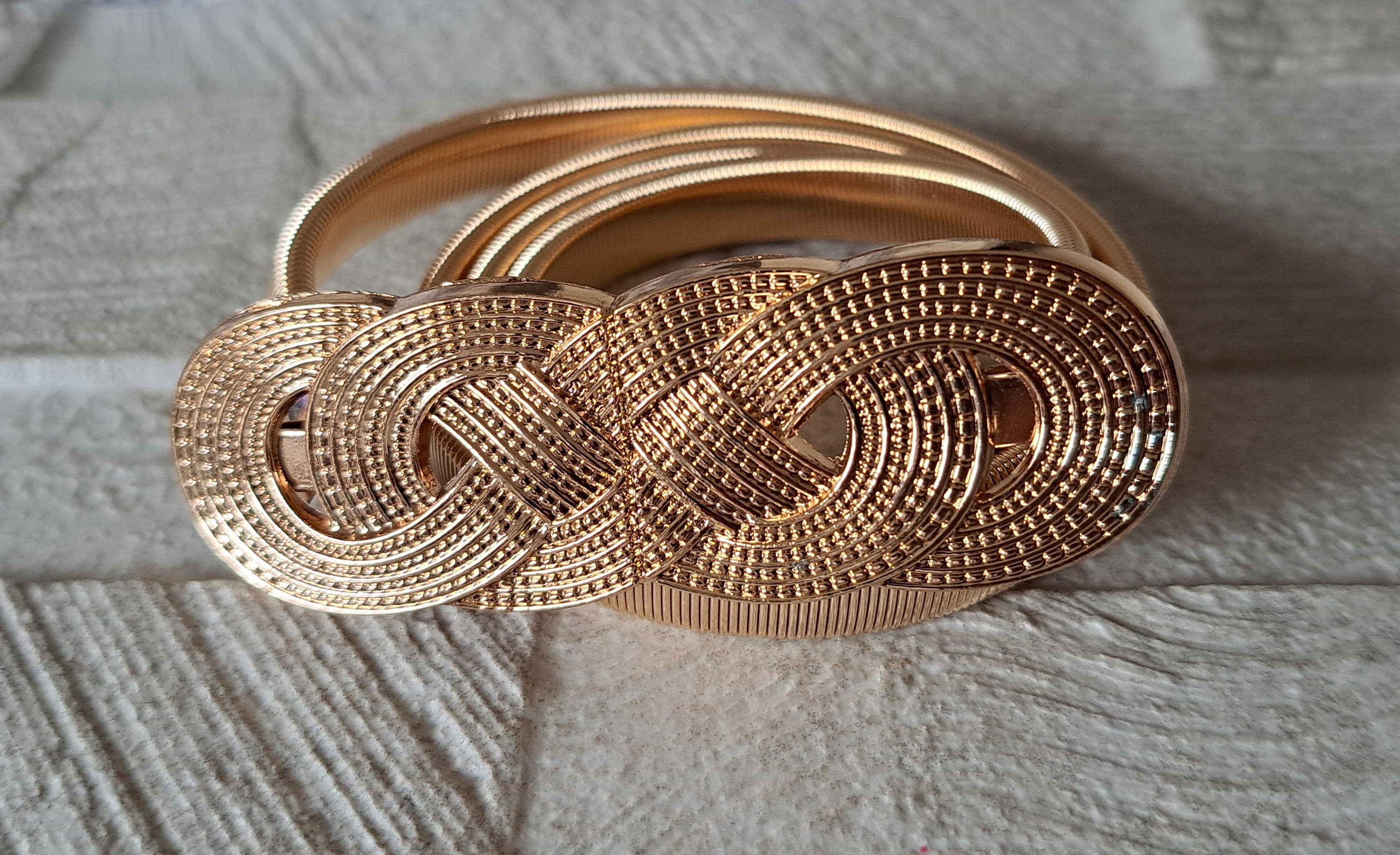 Gold Skinny Thin Textured Four Knot Elastic Buckle Dress Shirt Coat Belt