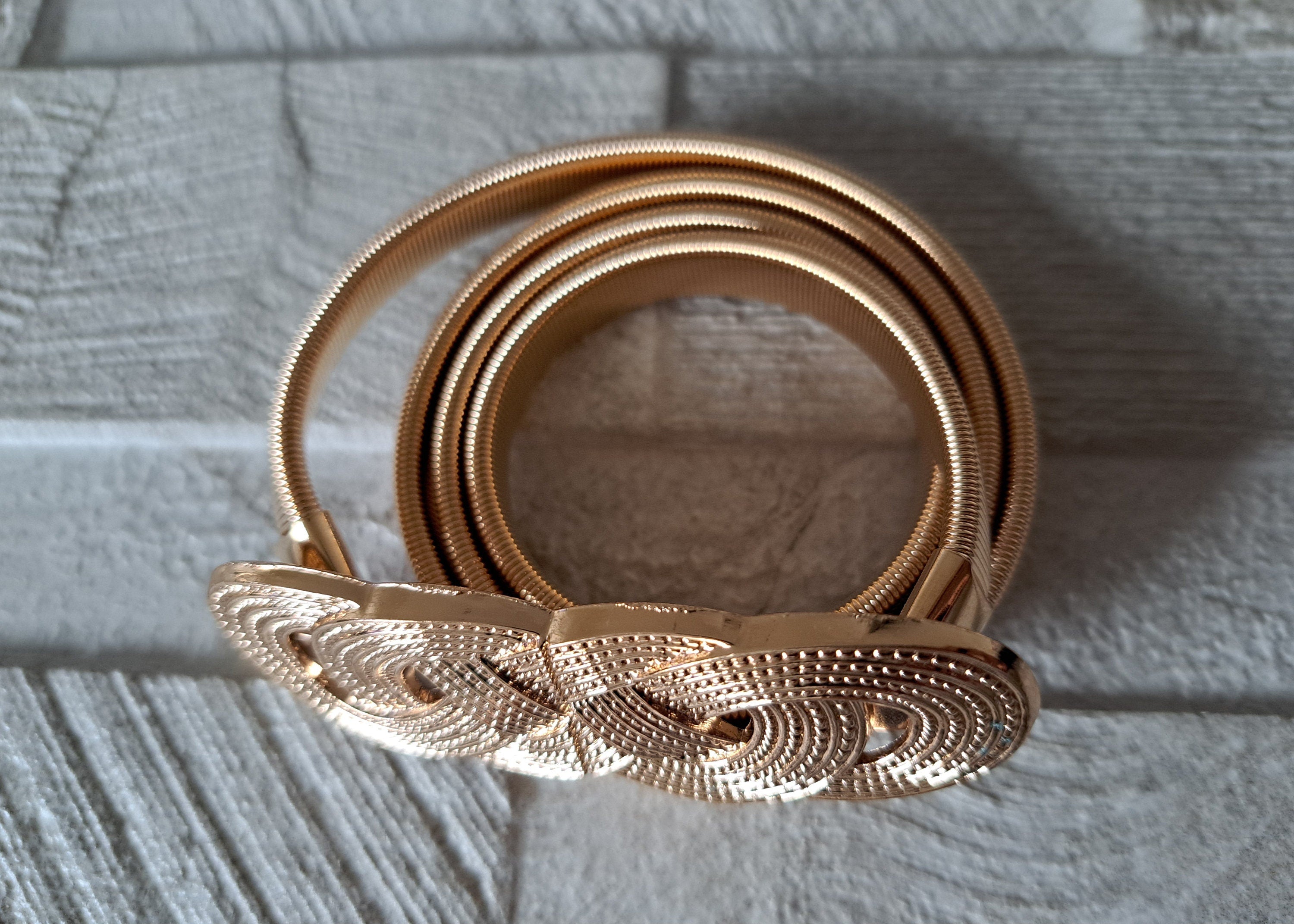 Gold Skinny Thin Textured Four Knot Elastic Buckle Dress Shirt Coat Belt