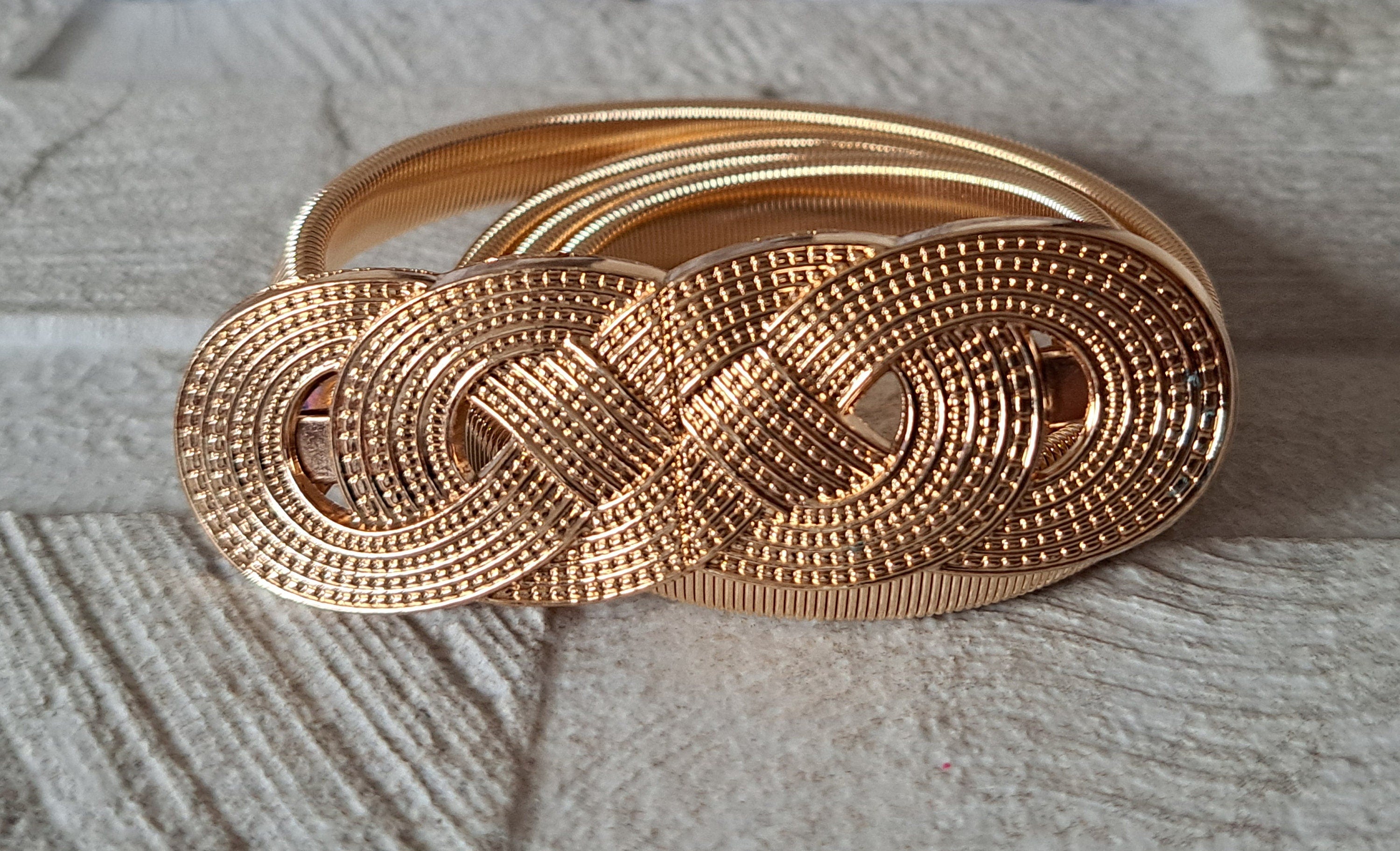 Gold Skinny Thin Textured Four Knot Elastic Buckle Dress Shirt Coat Belt