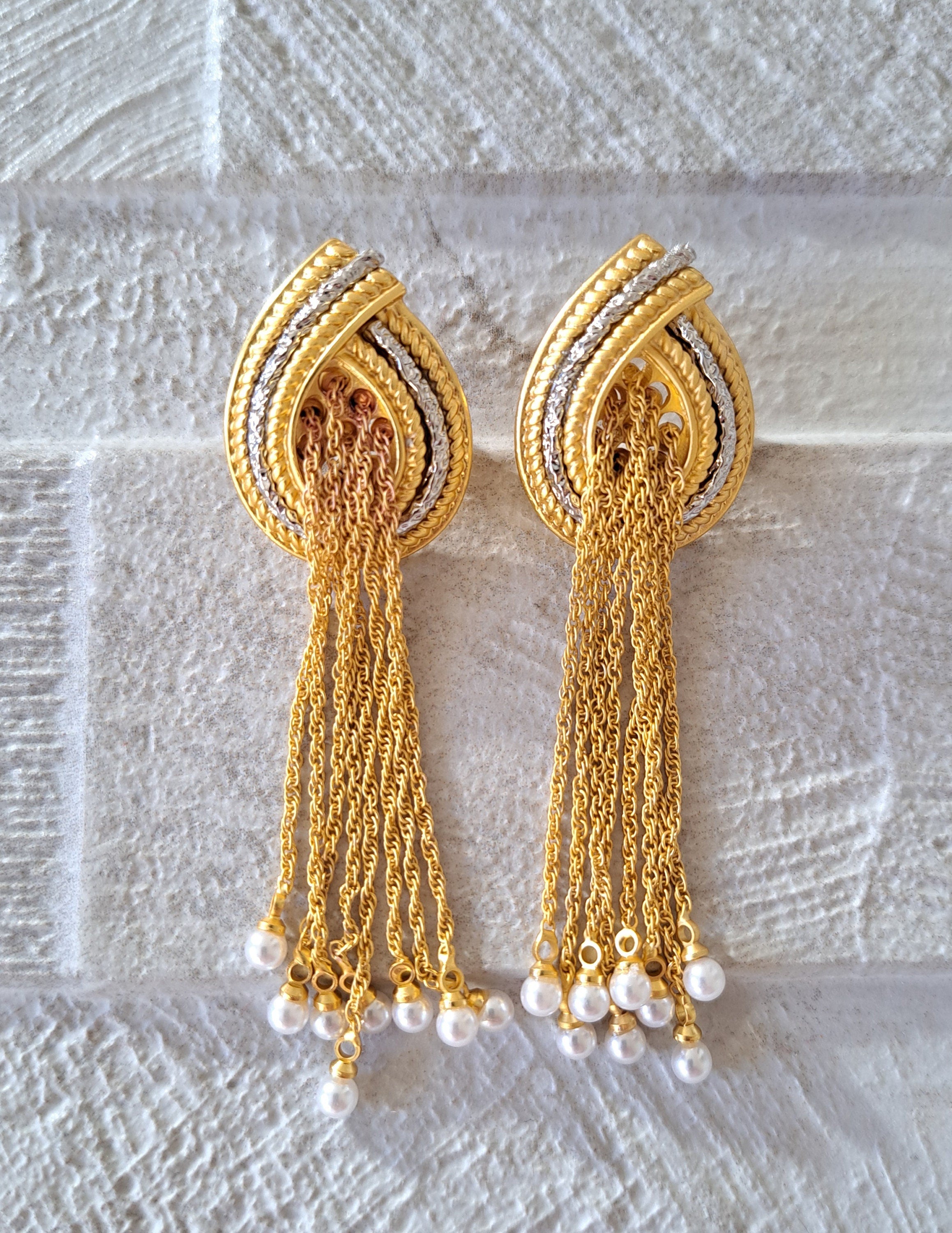 Gold Silver Pearl Water Drop Twisted Knot Earrings