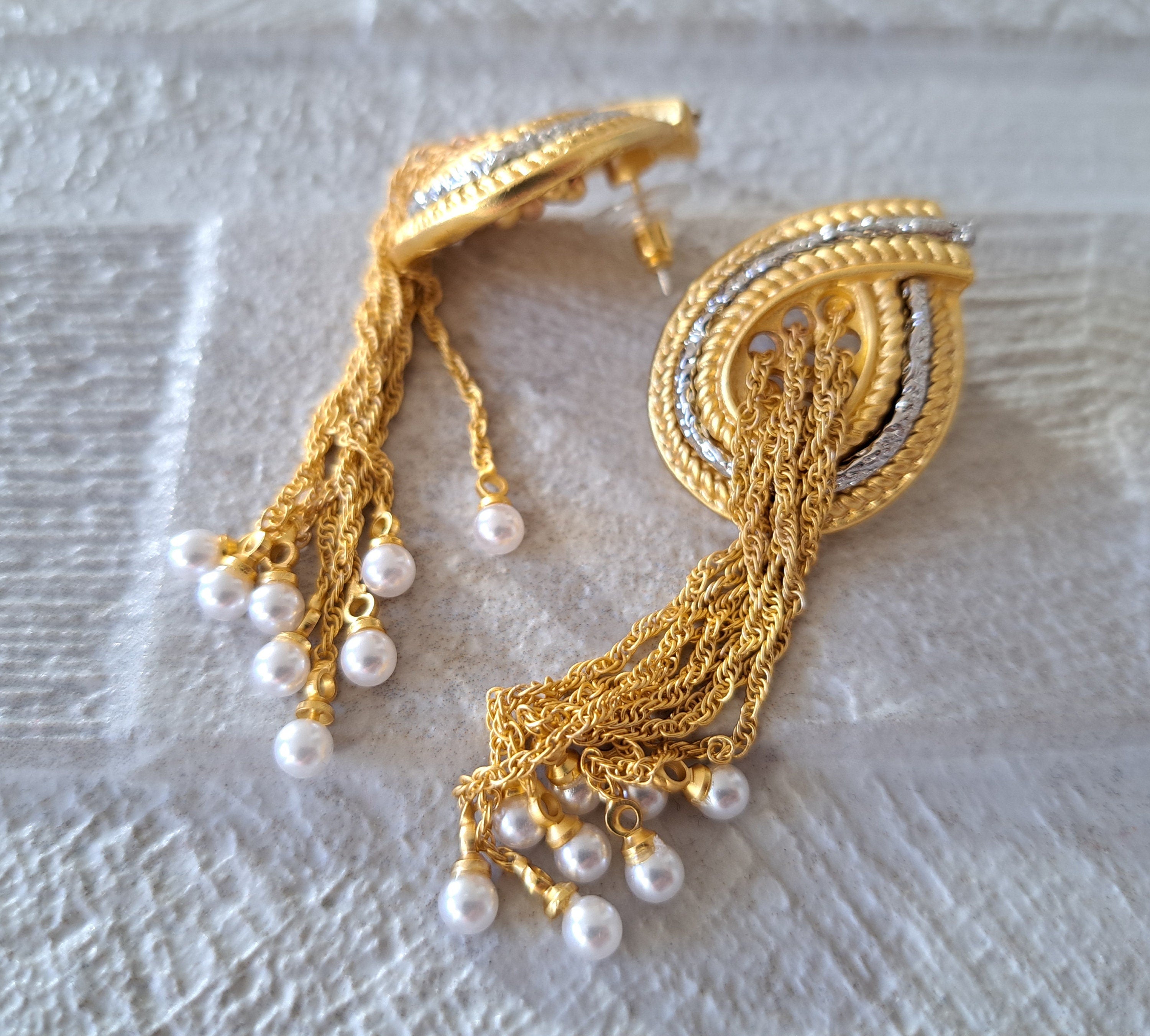 Gold Silver Pearl Water Drop Twisted Knot Earrings