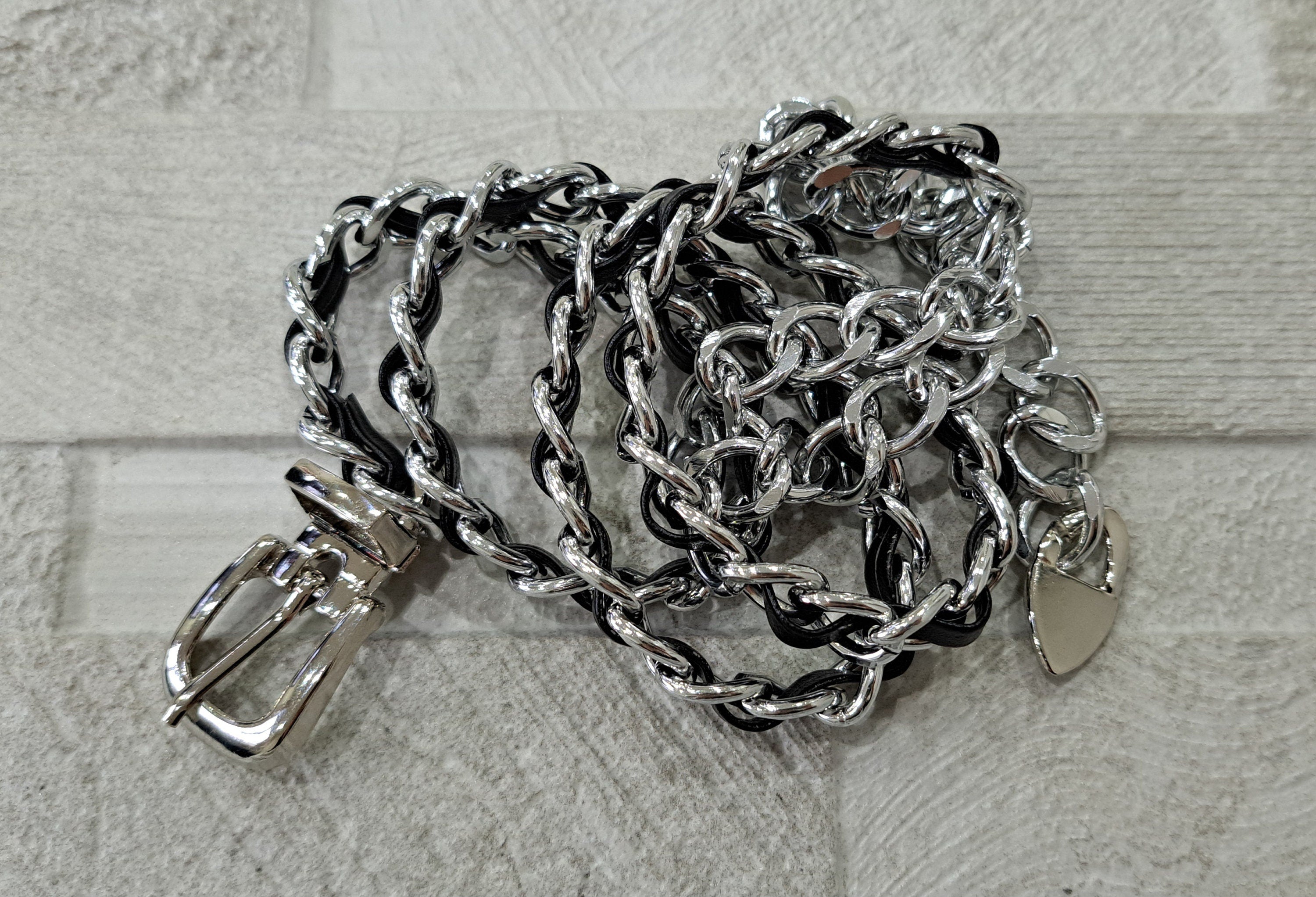 Silver Black Leather Buckle Dress Belt with Linked Chain