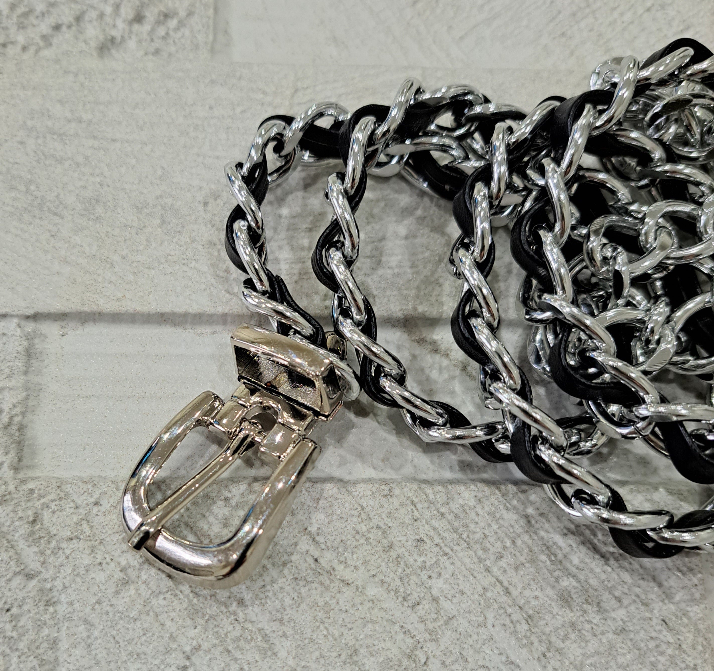 Silver Black Leather Buckle Dress Belt with Linked Chain