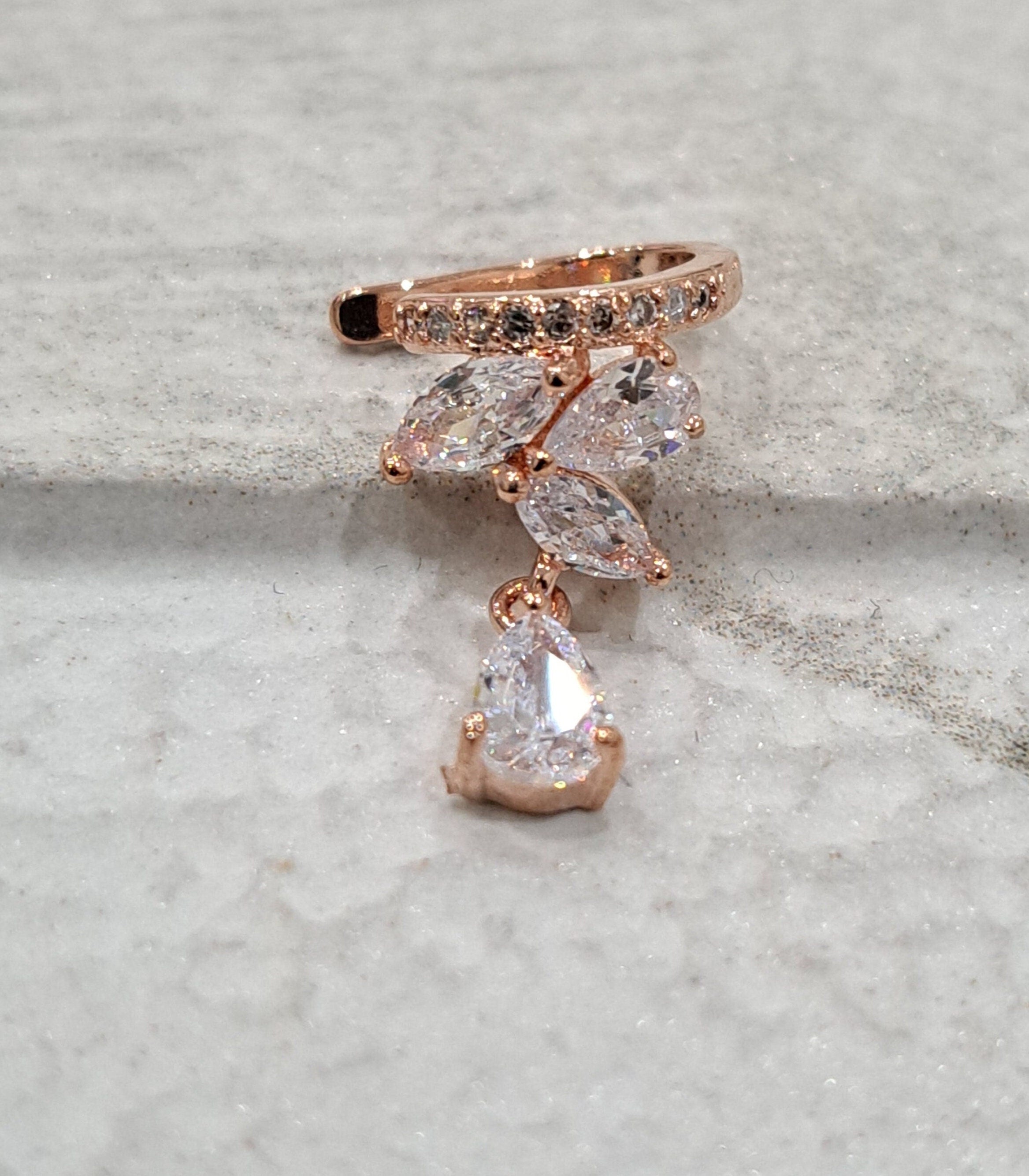 Rose Gold Swarovski Crystal Leaf Drop Slide on Ear Cuff