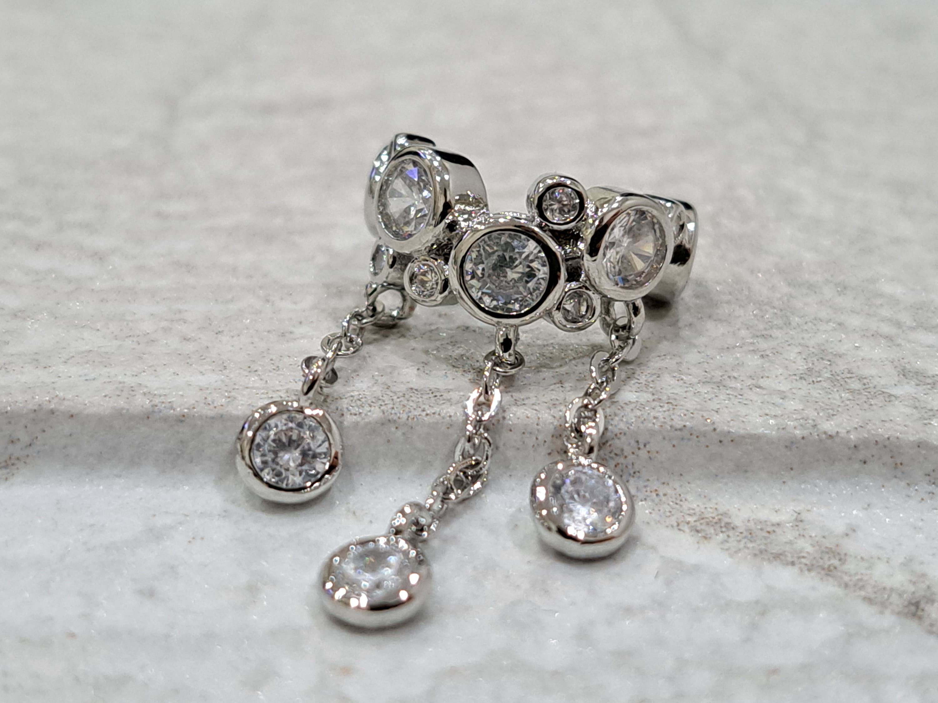 Silver Swarovski Crystal Long Tassel Chain Ear Cuff Earring