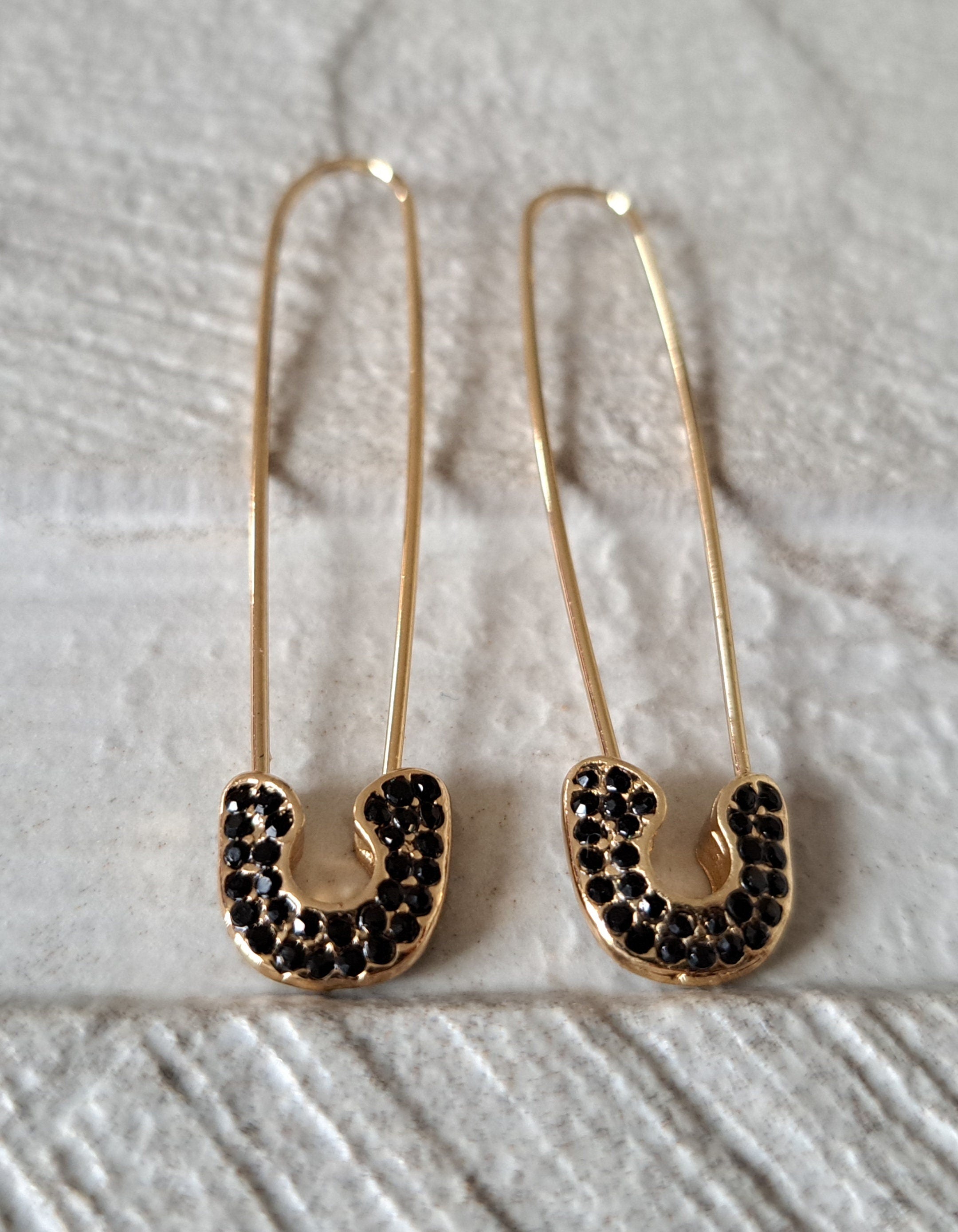Gold Black Crystal Safety Pin Earrings