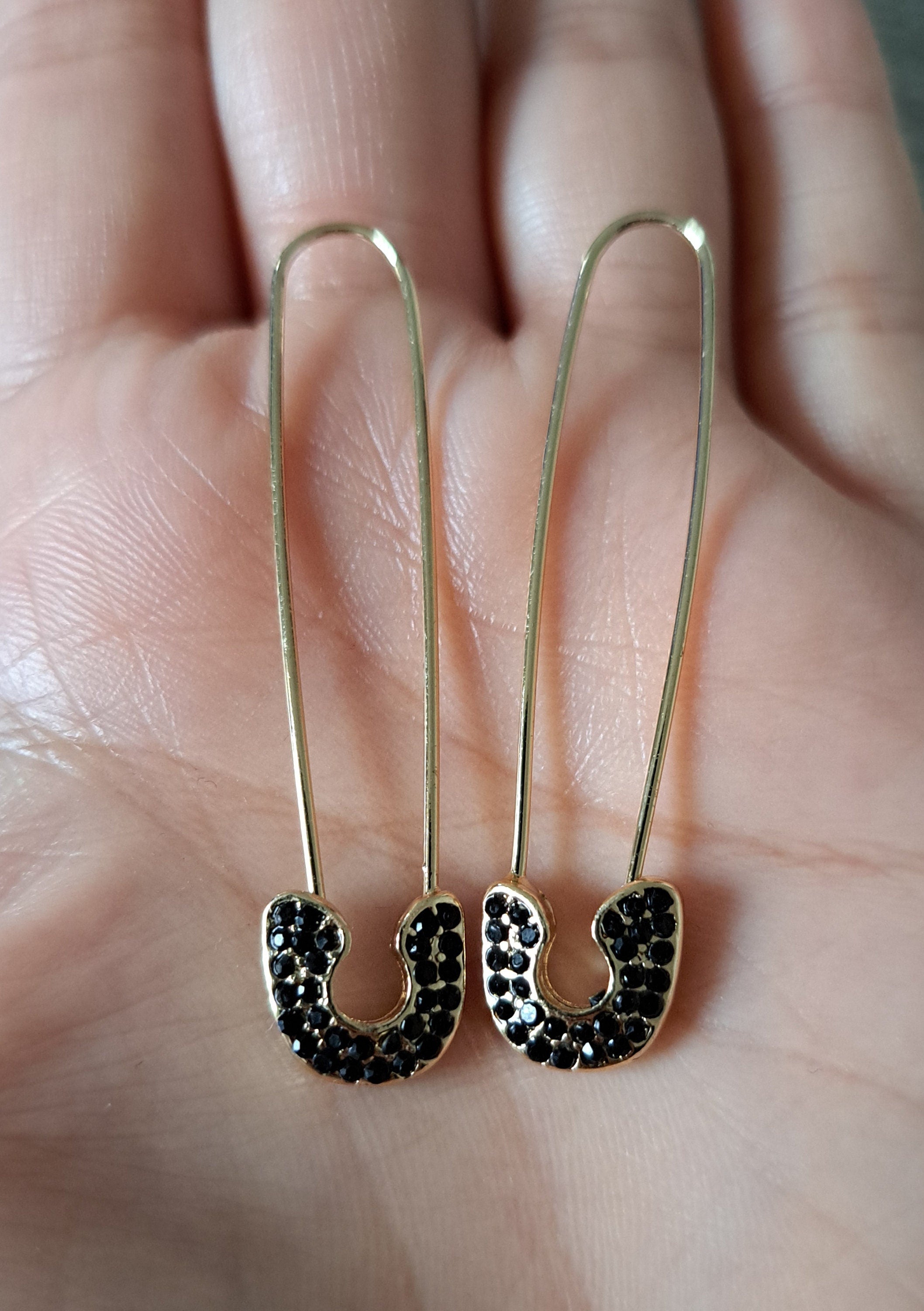 Gold Black Crystal Safety Pin Earrings
