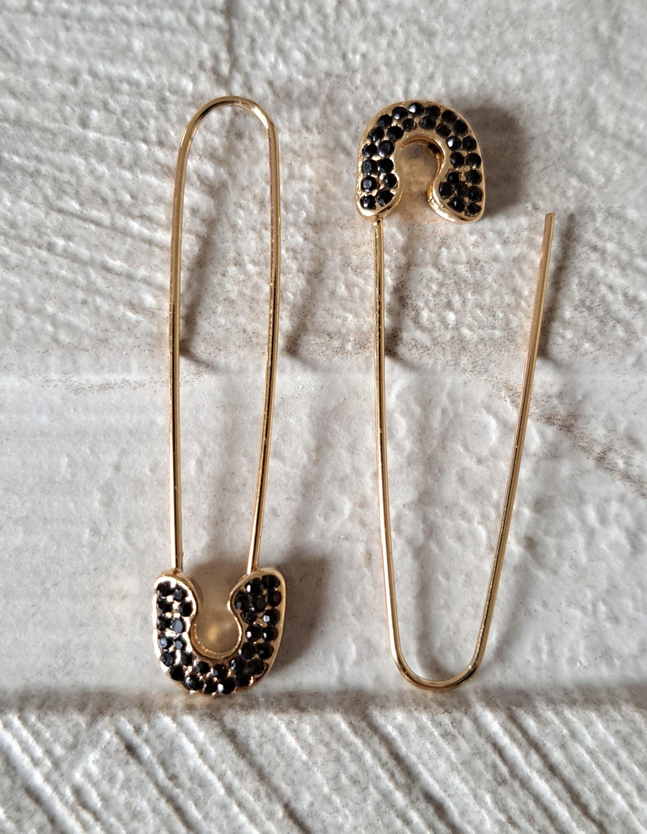 Gold Black Crystal Safety Pin Earrings