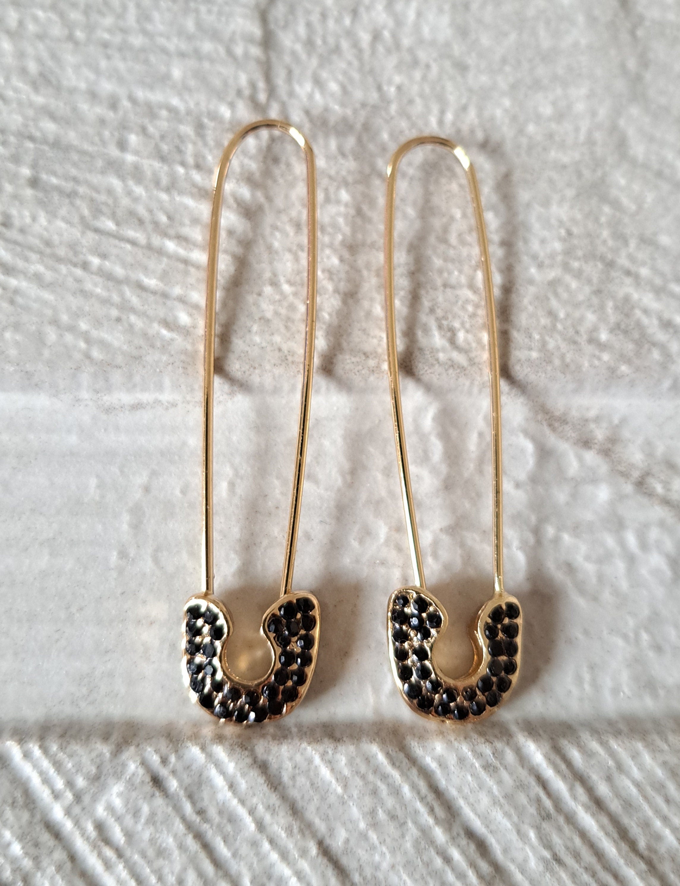 Gold Black Crystal Safety Pin Earrings