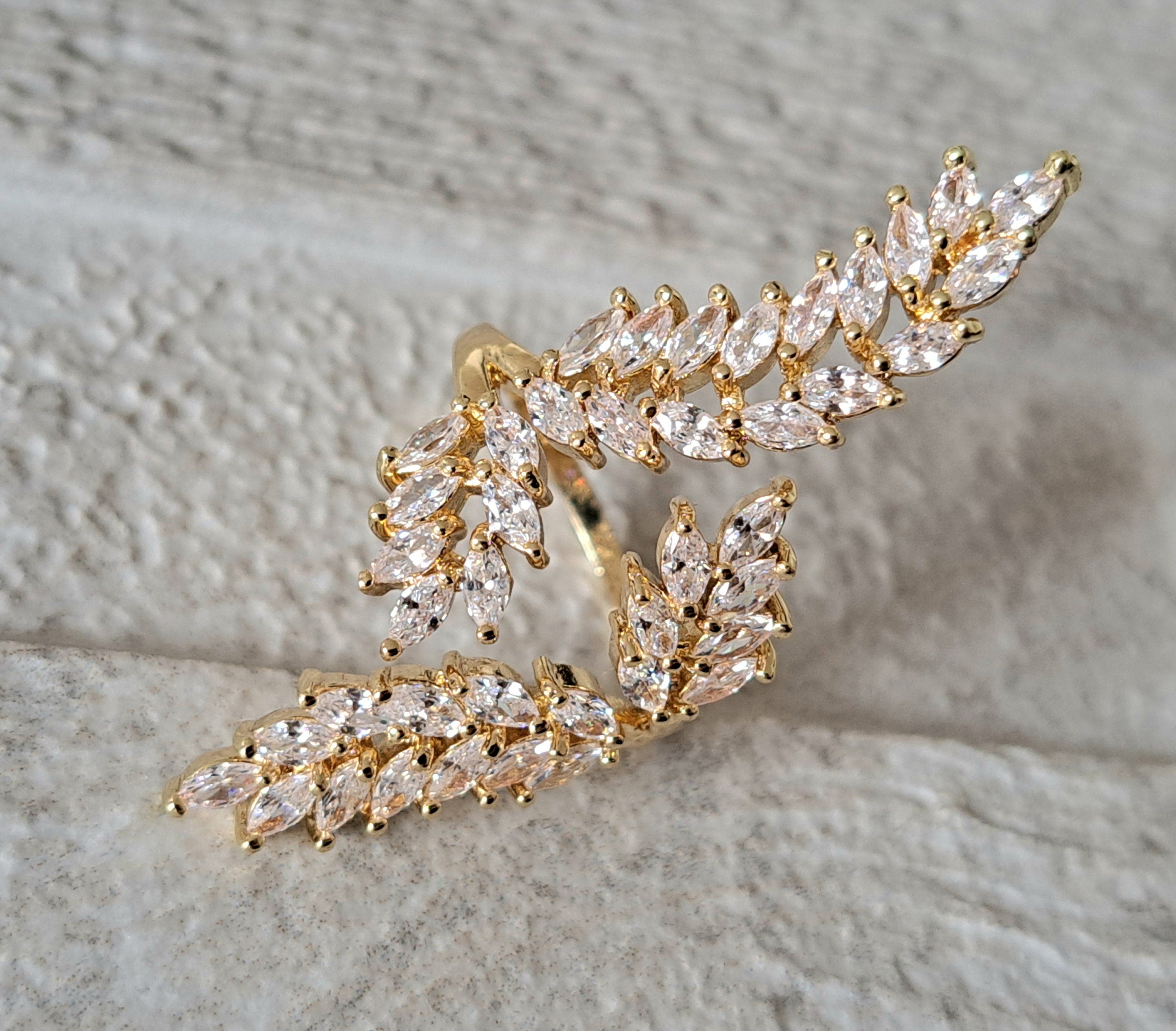 Gold Large Leaf Swarovski Crystal Adjustable Open Ring