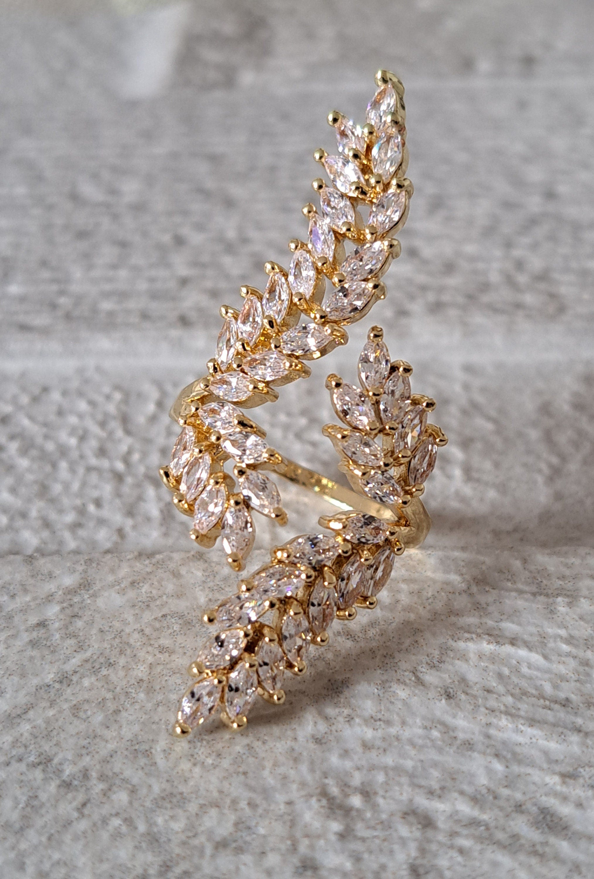 Gold Large Leaf Swarovski Crystal Adjustable Open Ring