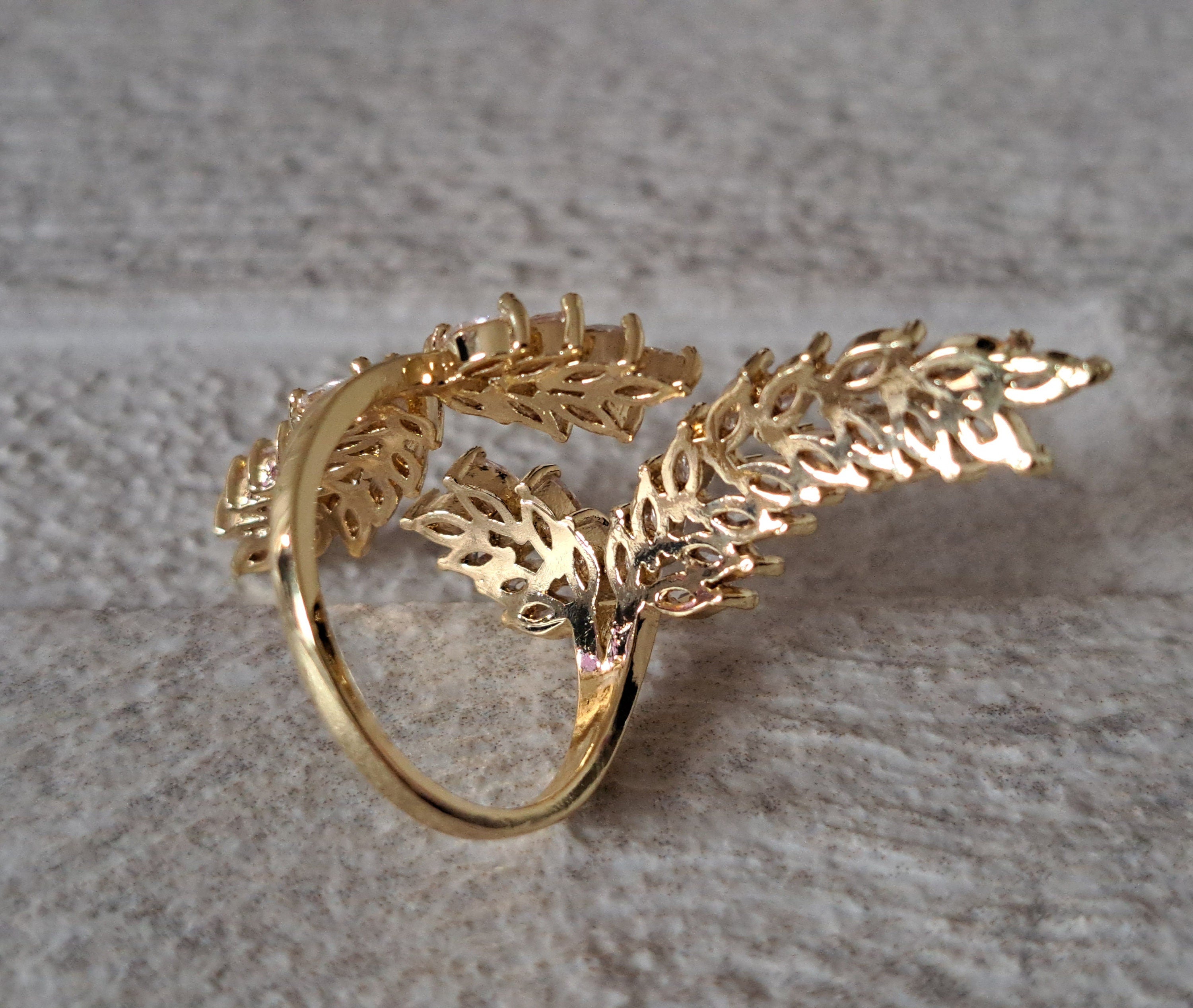Gold Large Leaf Swarovski Crystal Adjustable Open Ring