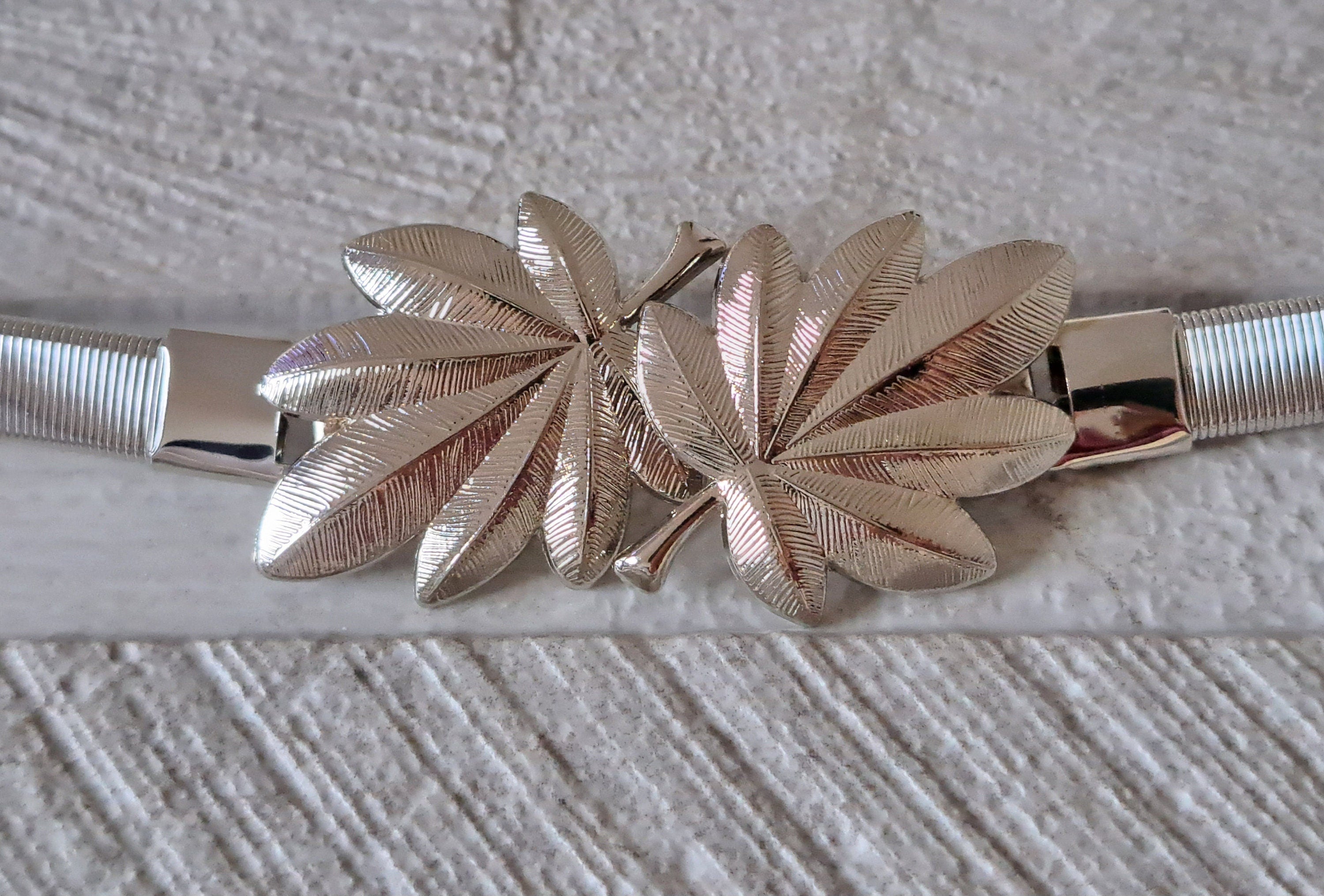 Silver Skinny Double Leaf Clover Stretch Buckle Dress Coat Belt