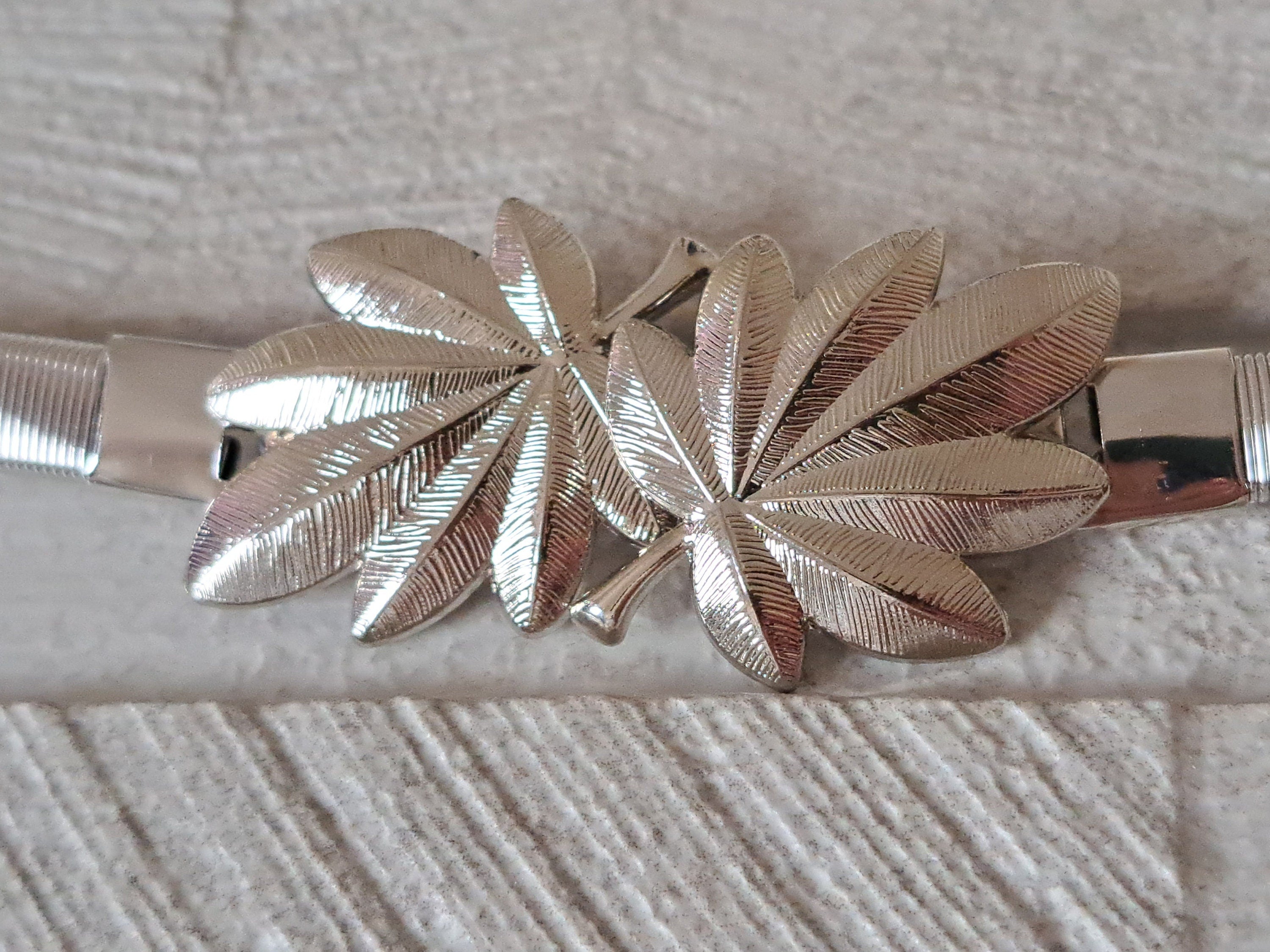 Silver Skinny Double Leaf Clover Stretch Buckle Dress Coat Belt