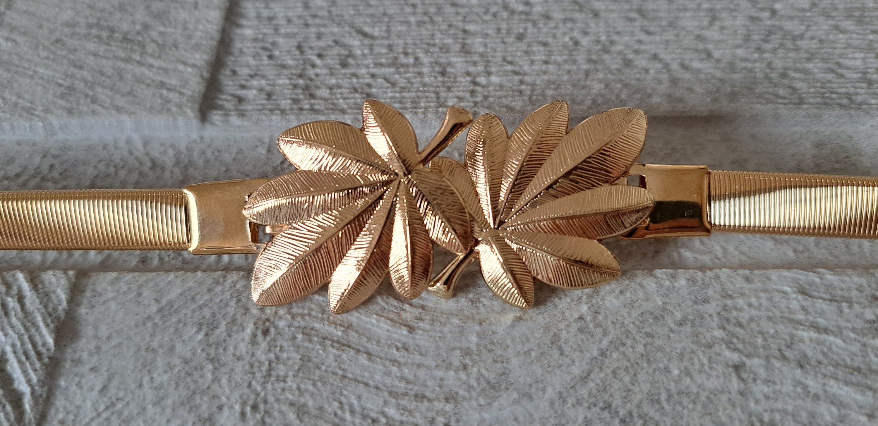 Gold Skinny Double Leaf Clover Stretch Buckle Dress Coat Belt