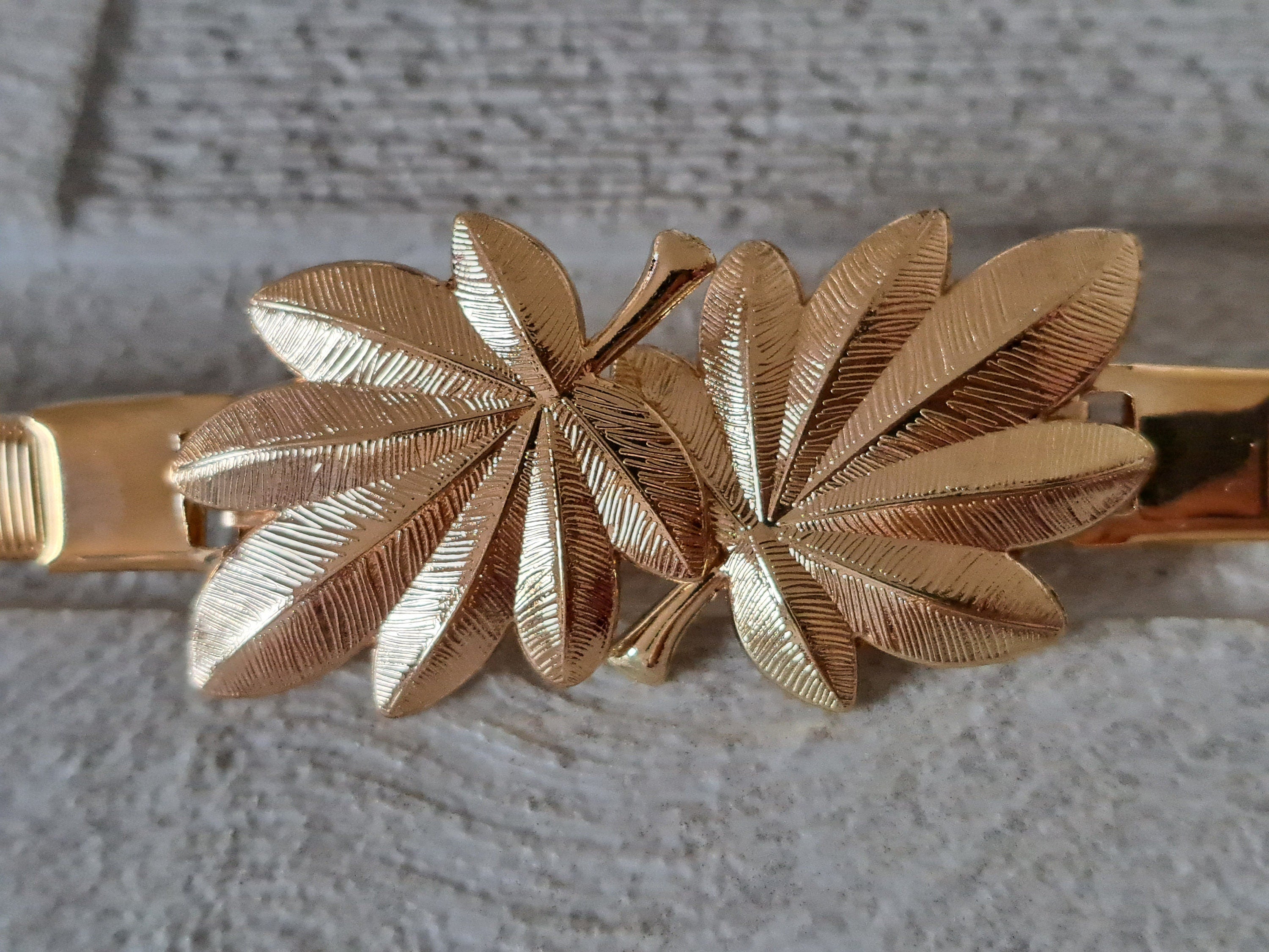 Gold Skinny Double Leaf Clover Stretch Buckle Dress Coat Belt