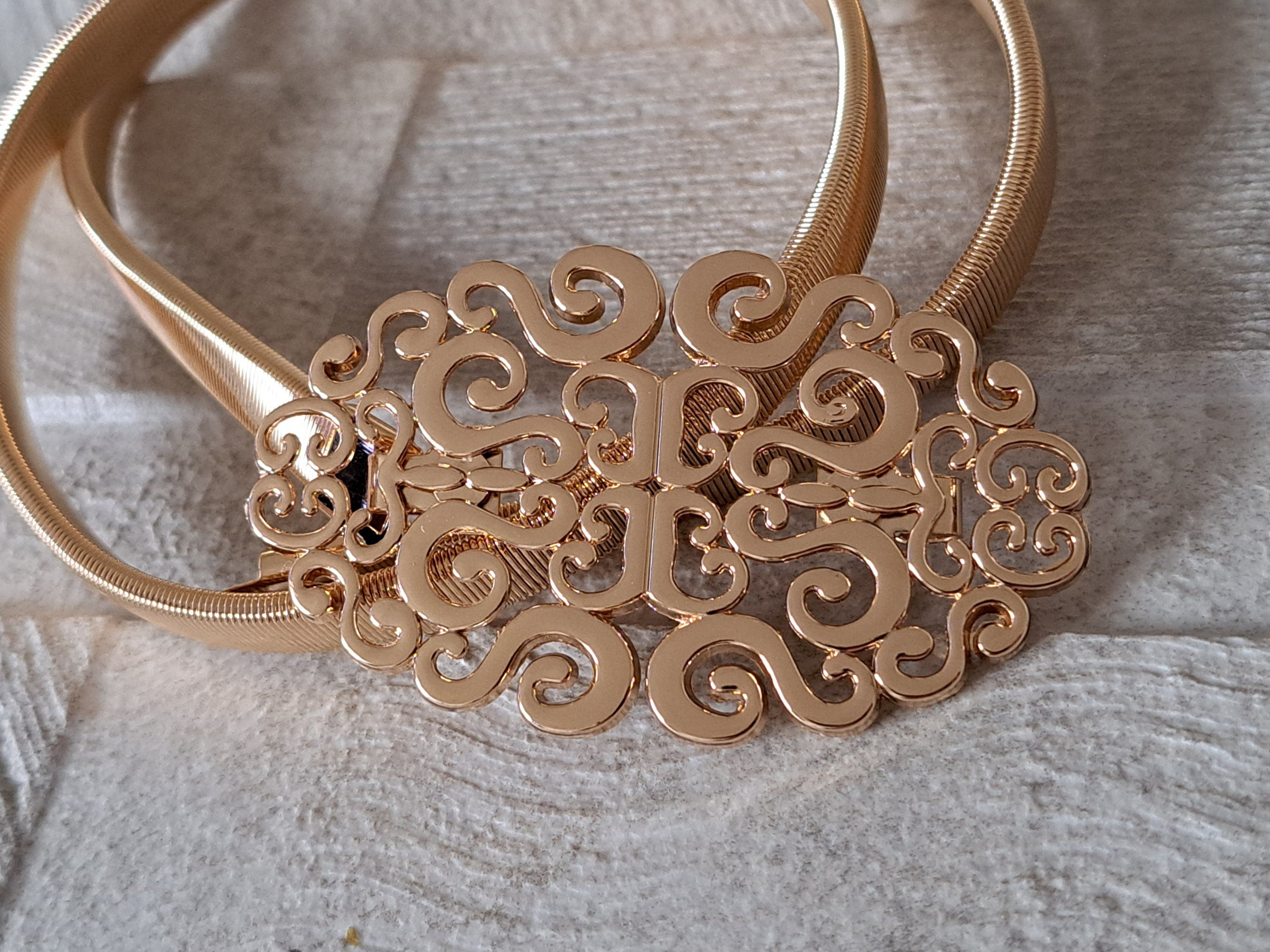 Gold Large Skinny Cut Out Buckle Stretch Dress Coat Belt