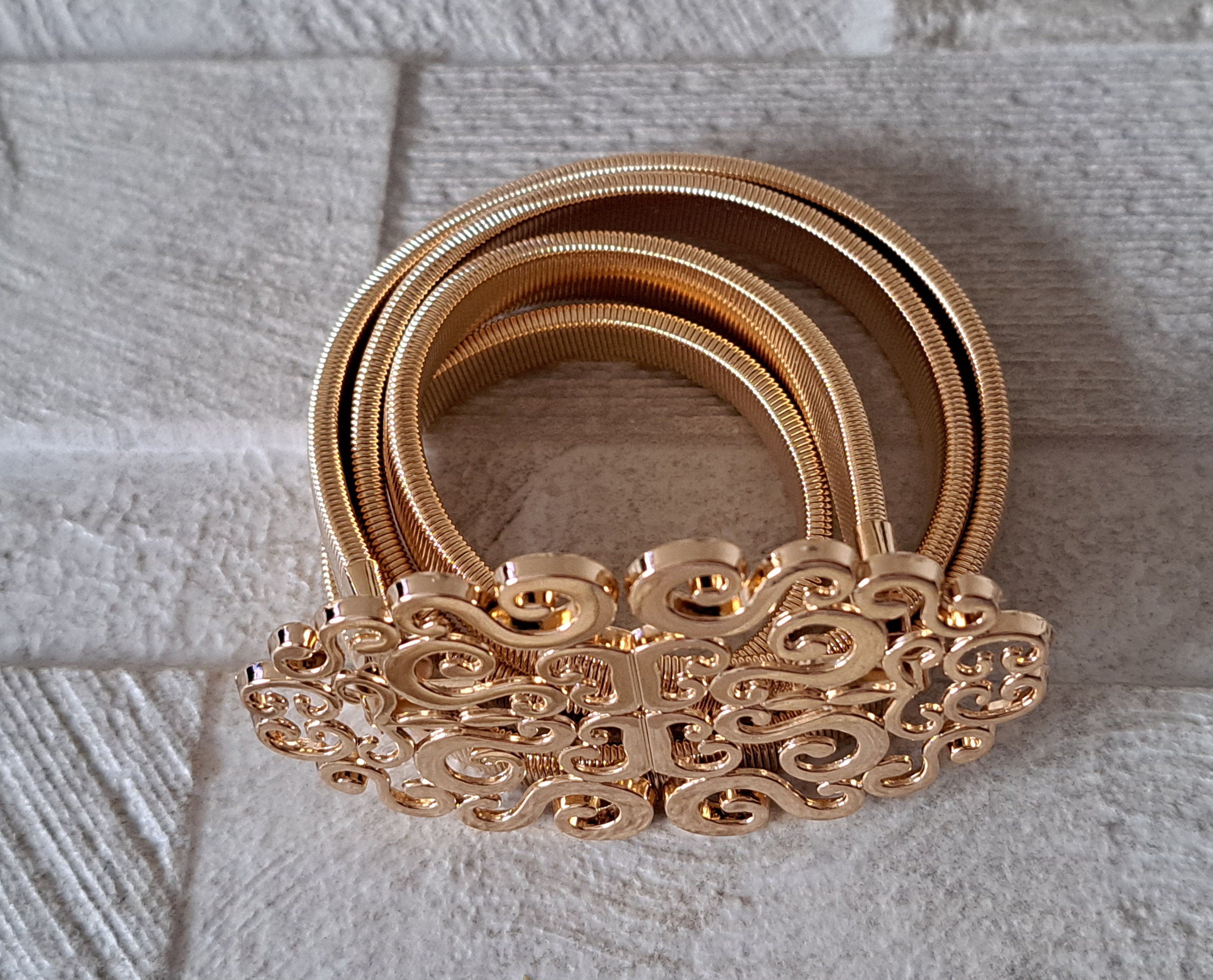 Gold Large Skinny Cut Out Buckle Stretch Dress Coat Belt