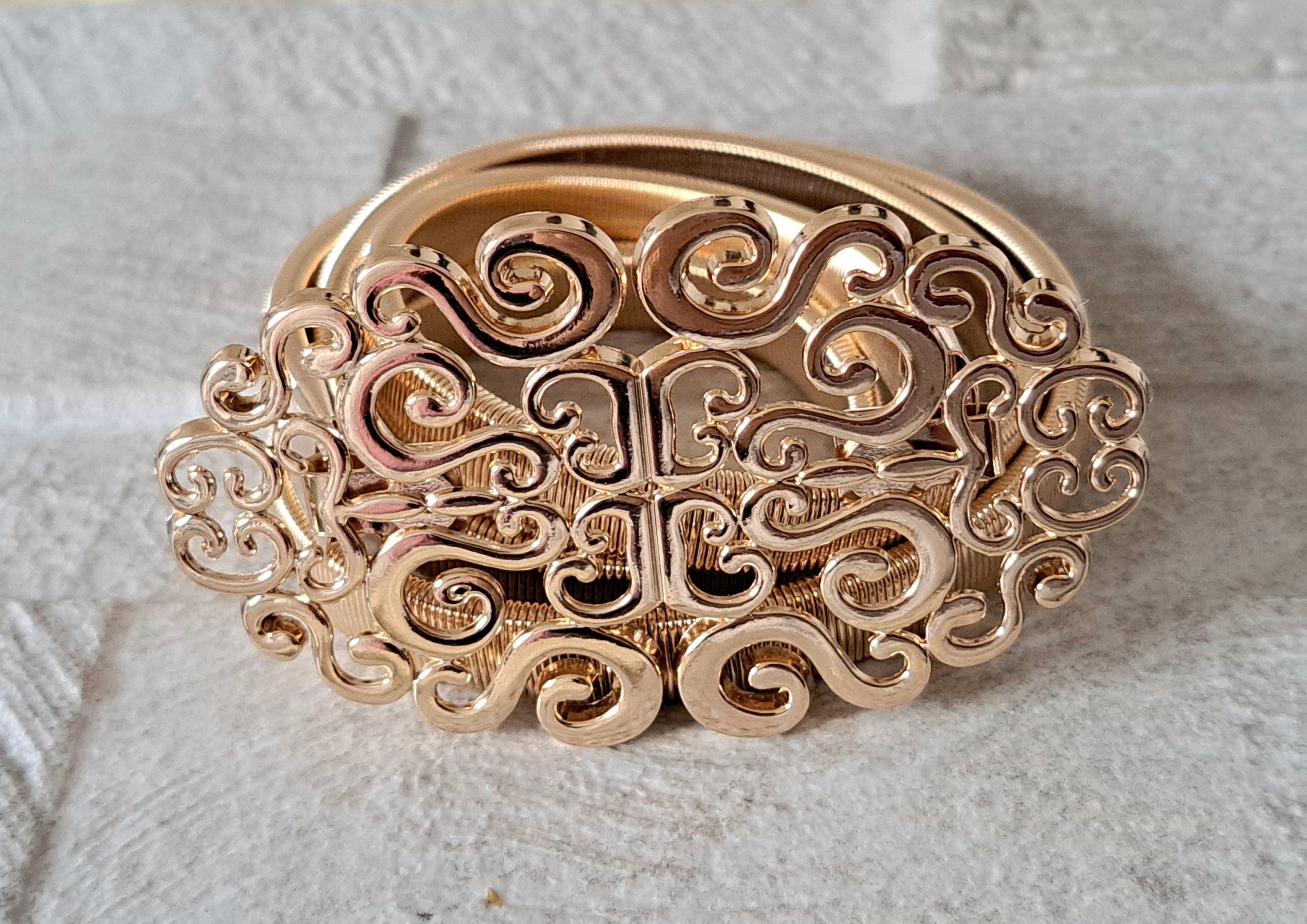 Gold Large Skinny Cut Out Buckle Stretch Dress Coat Belt