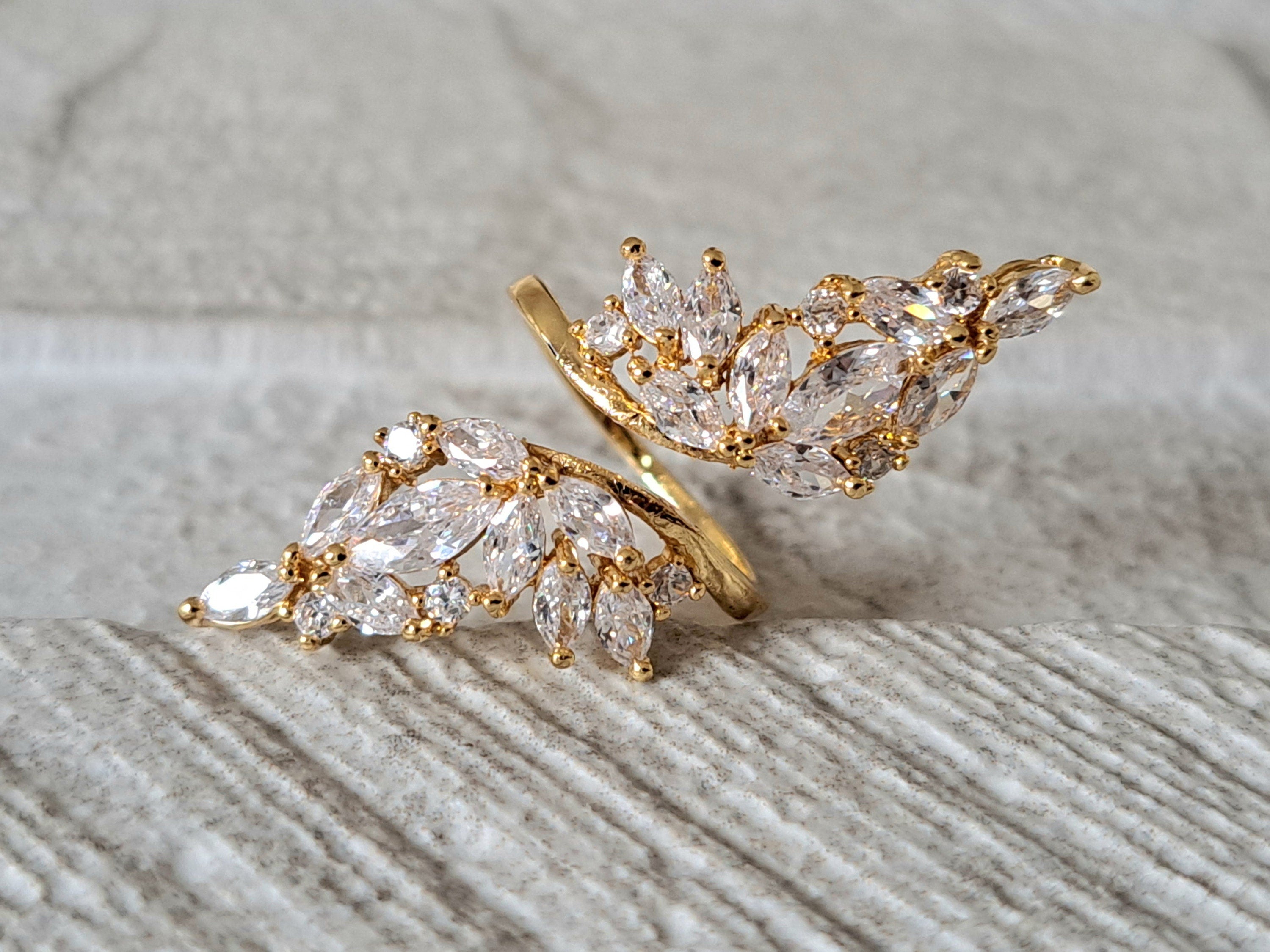Gold Large Long Leaf Swarovski Crystal Open Ring