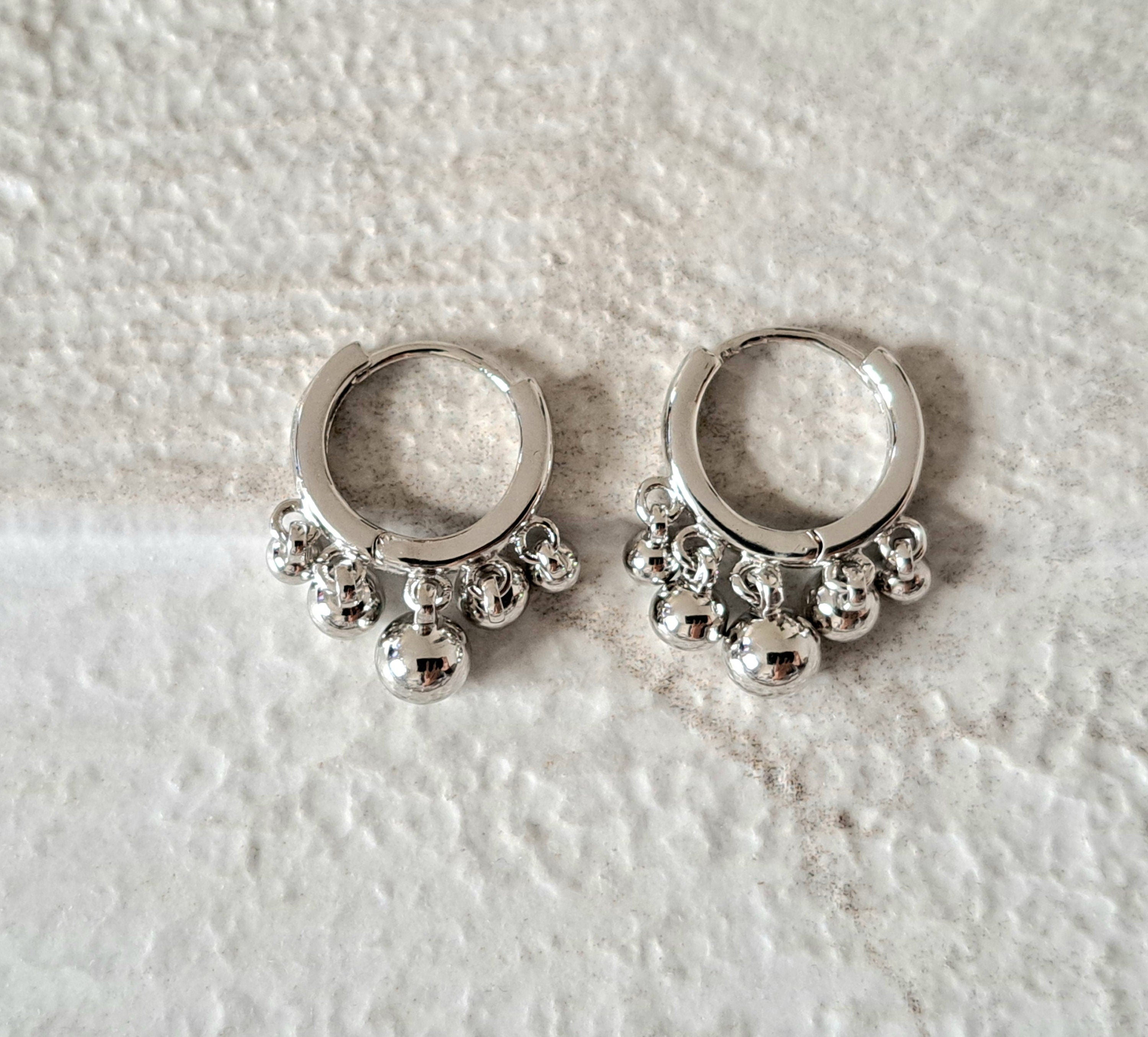 Silver Small Mini Ball Dangle 925 Plated Hoop Earring
