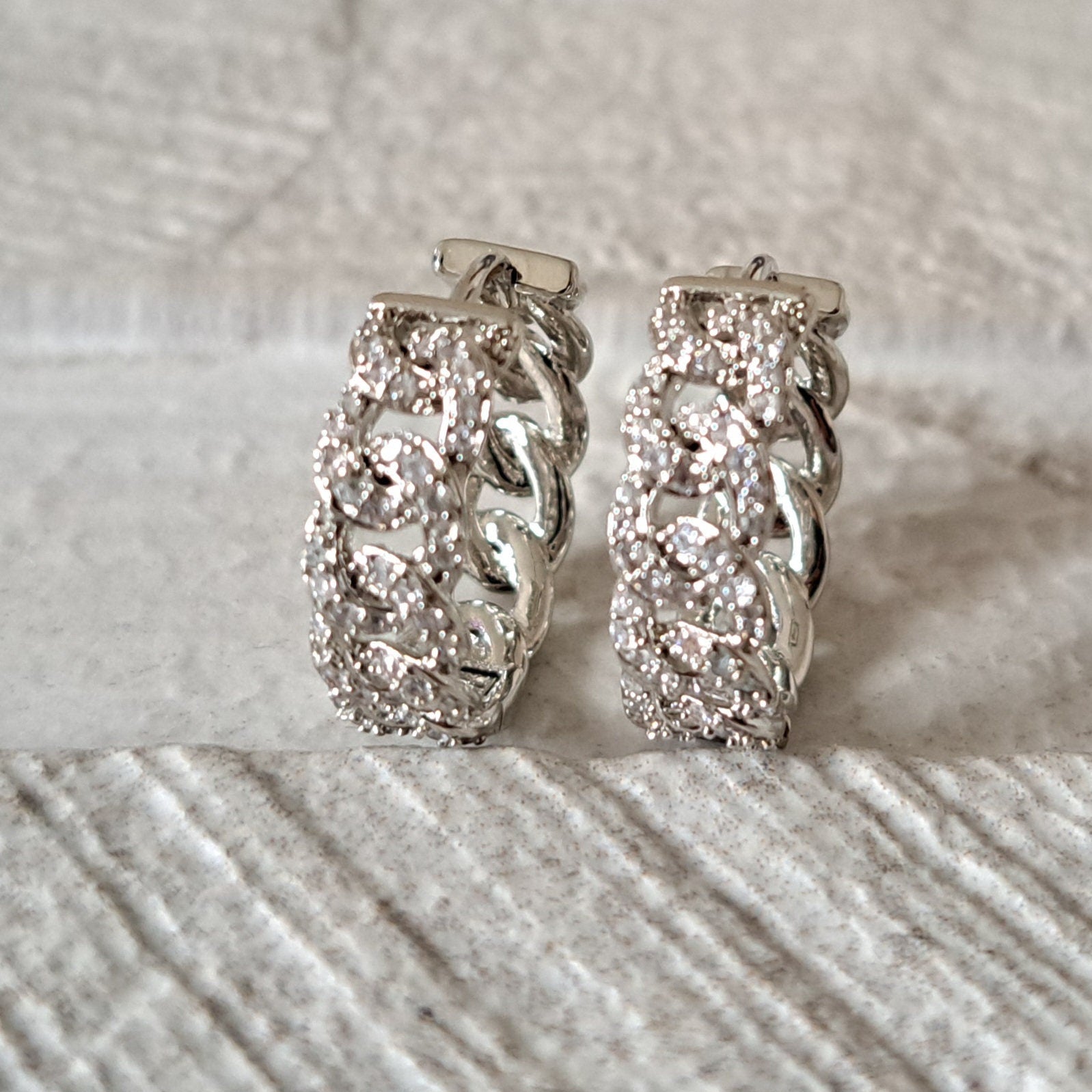 Silver Swarovski Crystal Chain Link Hoop Earrings