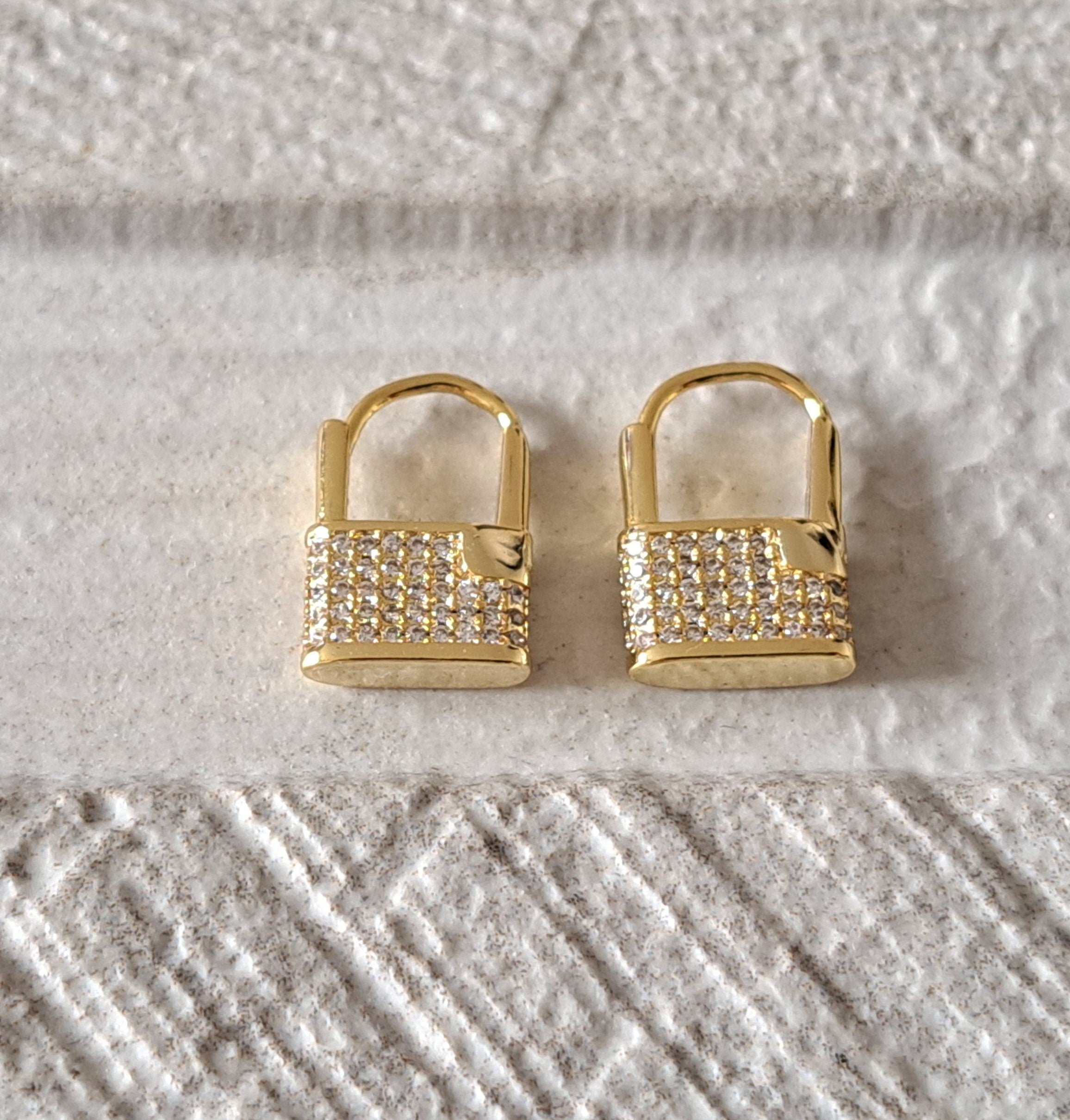 Gold Small Swarovski Crystal Padlock Hoop Earrings