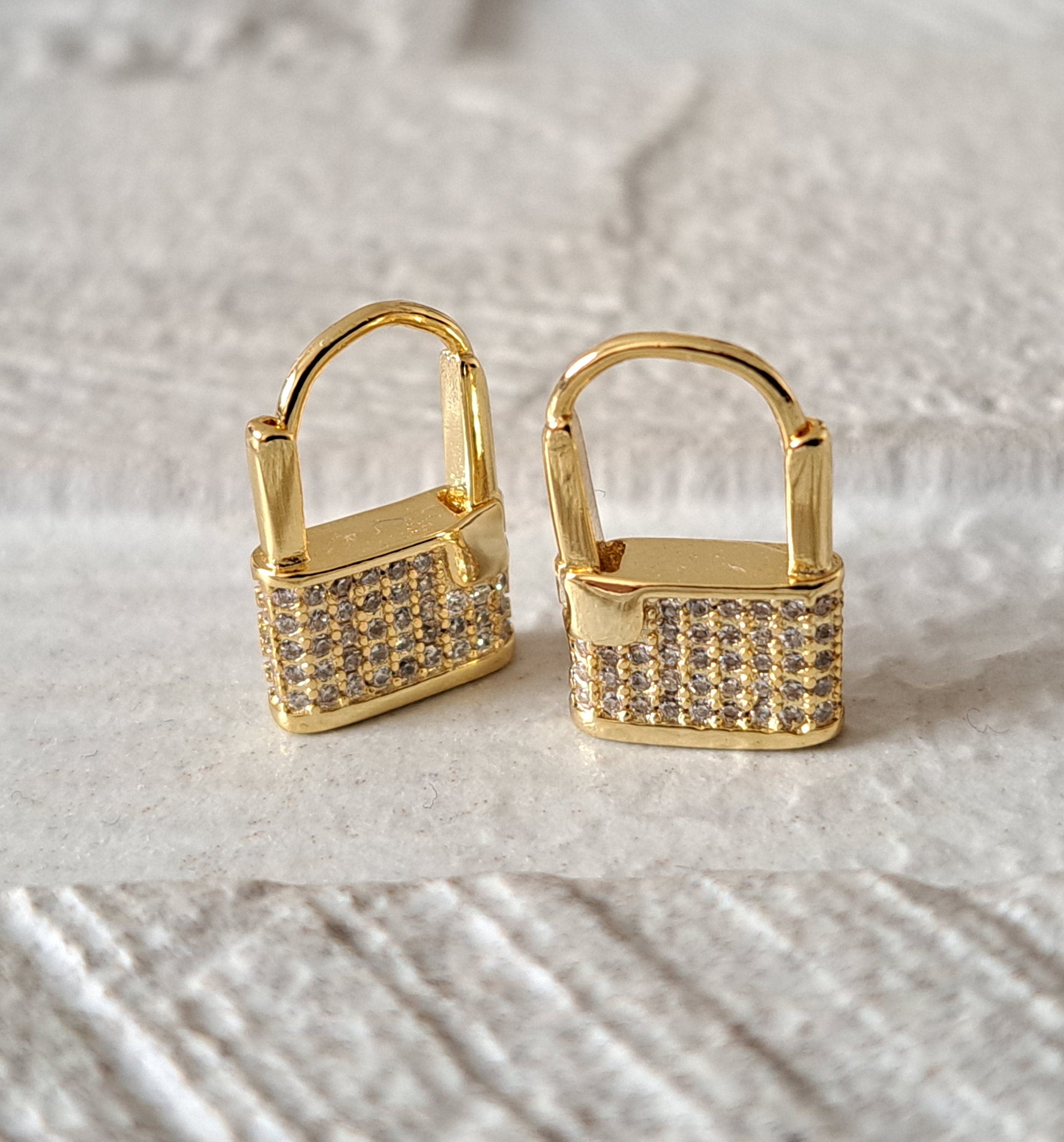Gold Small Swarovski Crystal Padlock Hoop Earrings