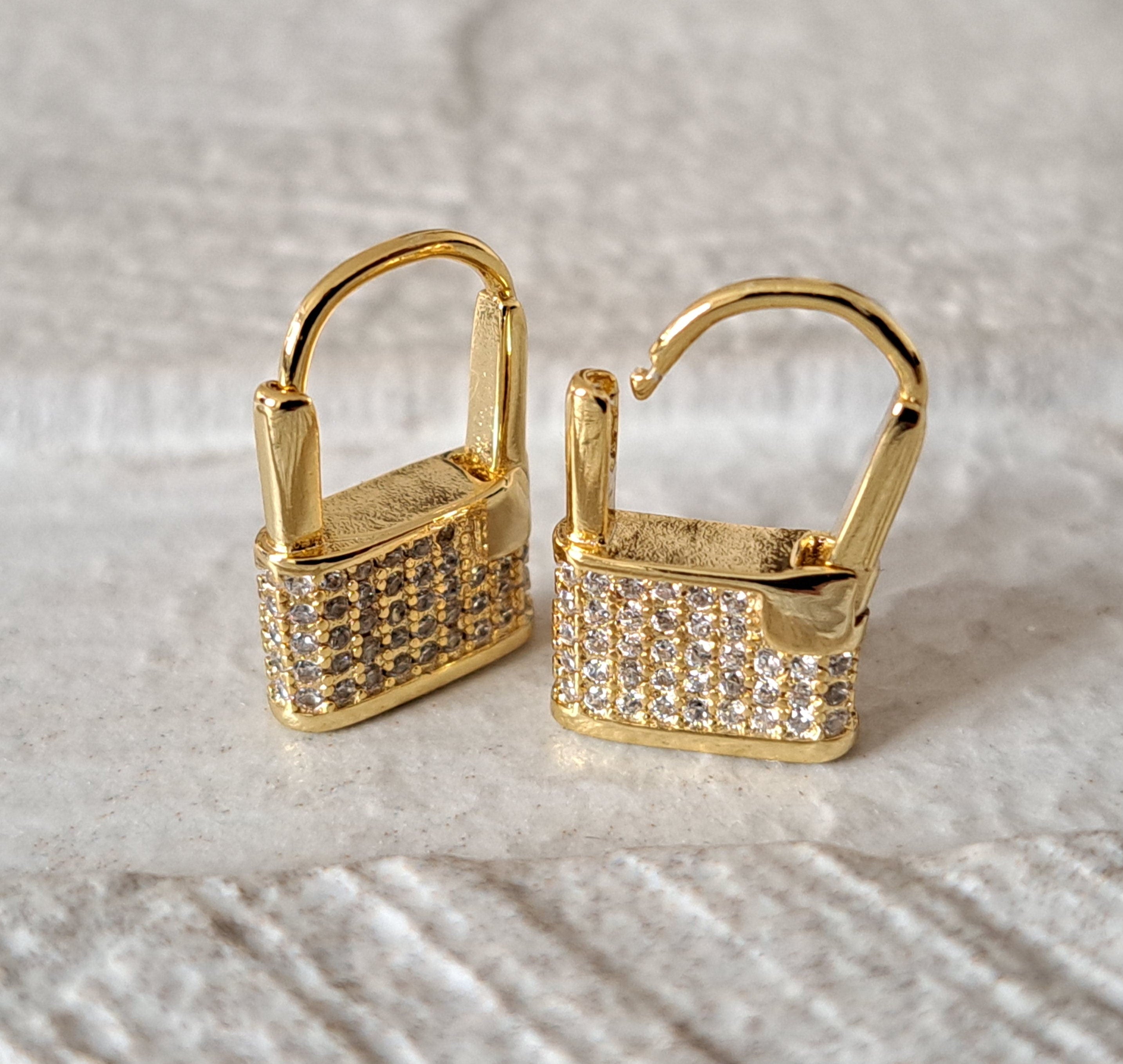Gold Small Swarovski Crystal Padlock Hoop Earrings