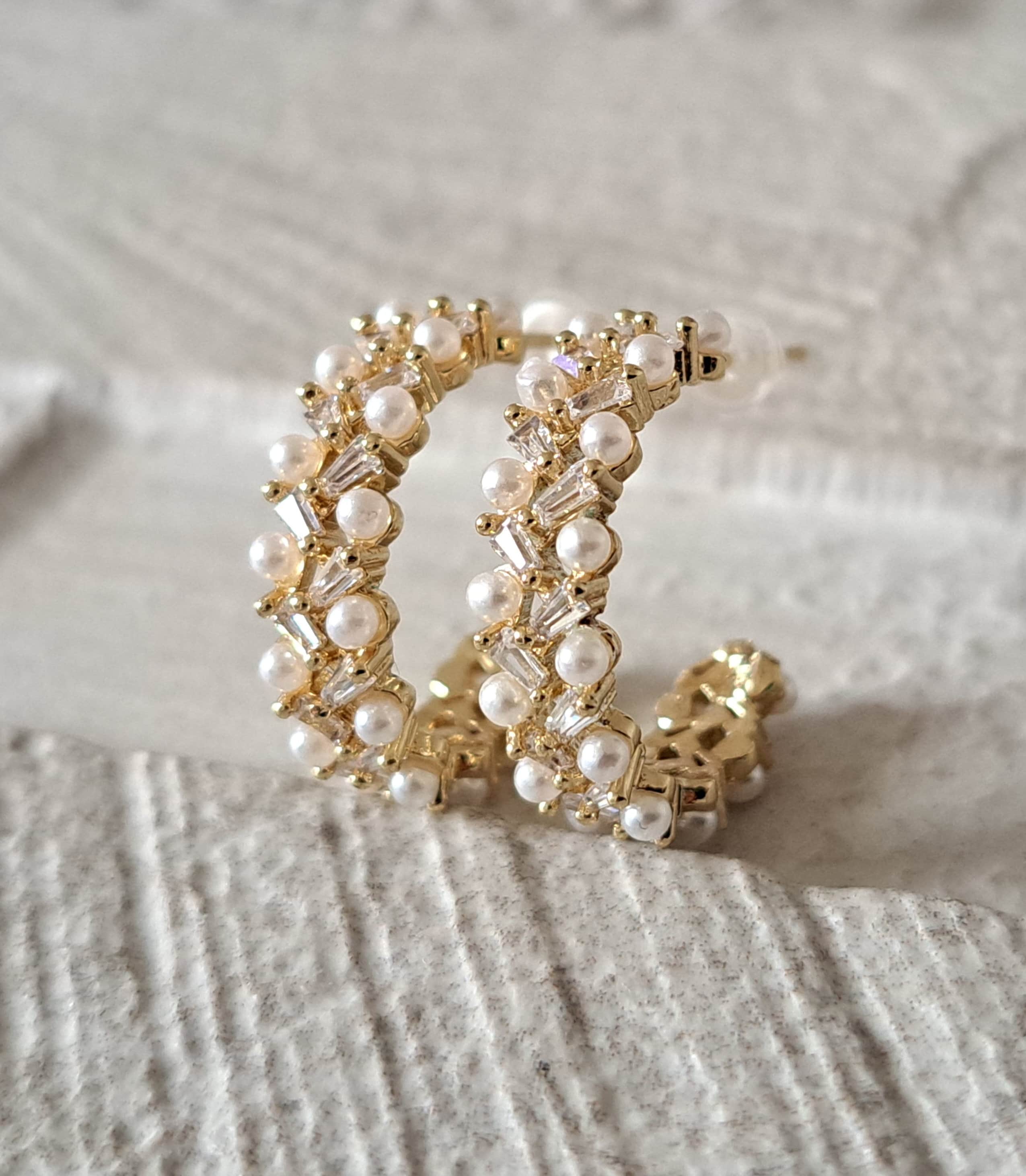 Gold Plated Pearl Swarovski Crystal Hoop Earrings