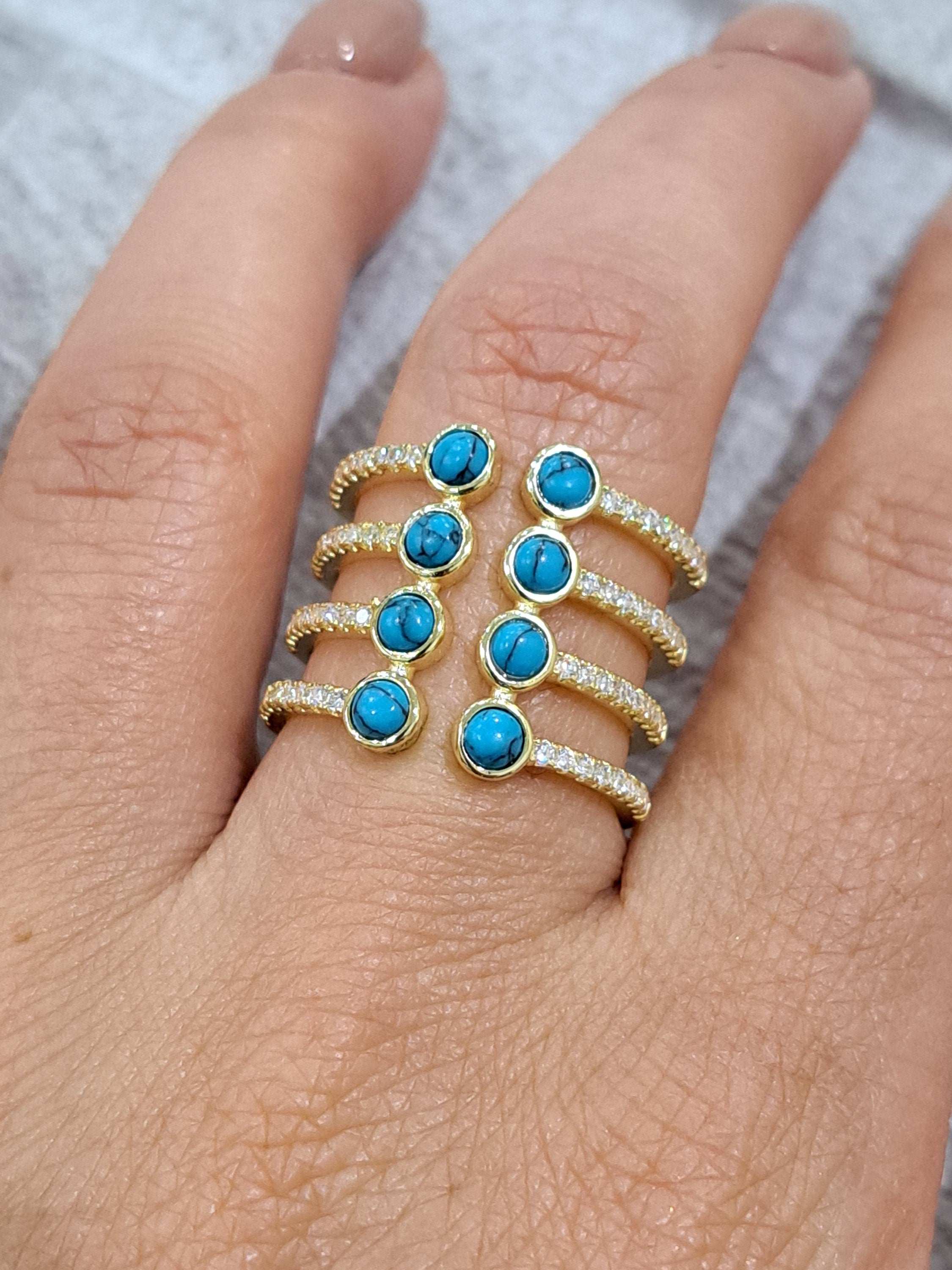 Gold Turquoise Blue Swarovski Crystal Four Link Adjustable Ring