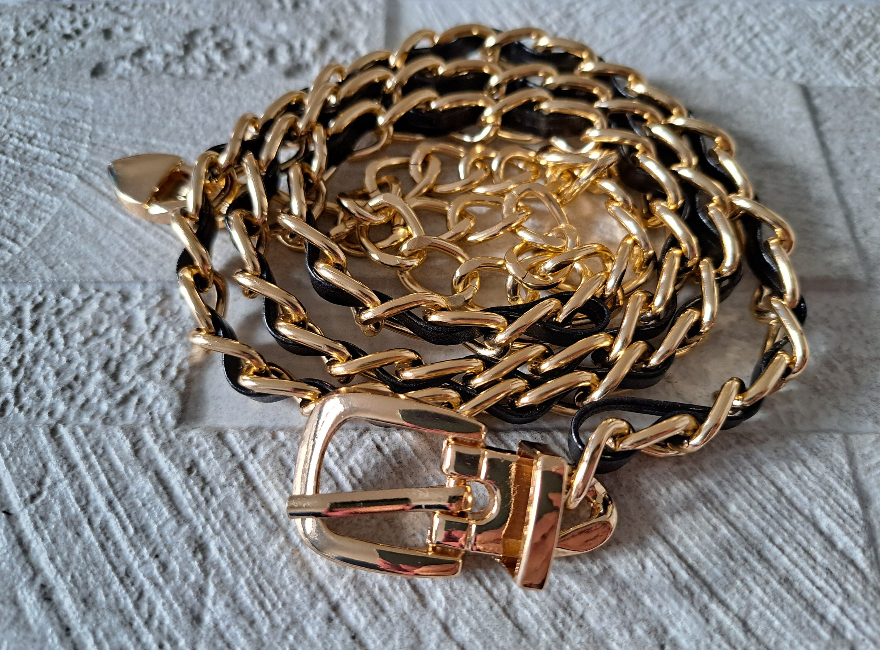 Gold Black Leather Adjustable Buckle Dress Belt