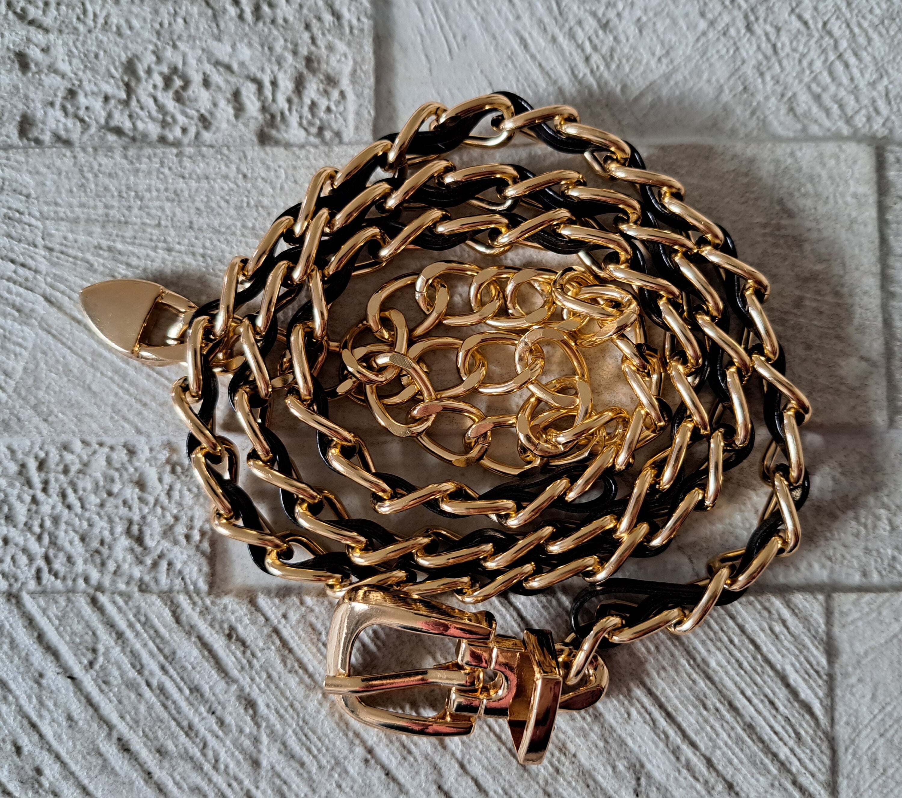 Gold Black Leather Adjustable Buckle Dress Belt