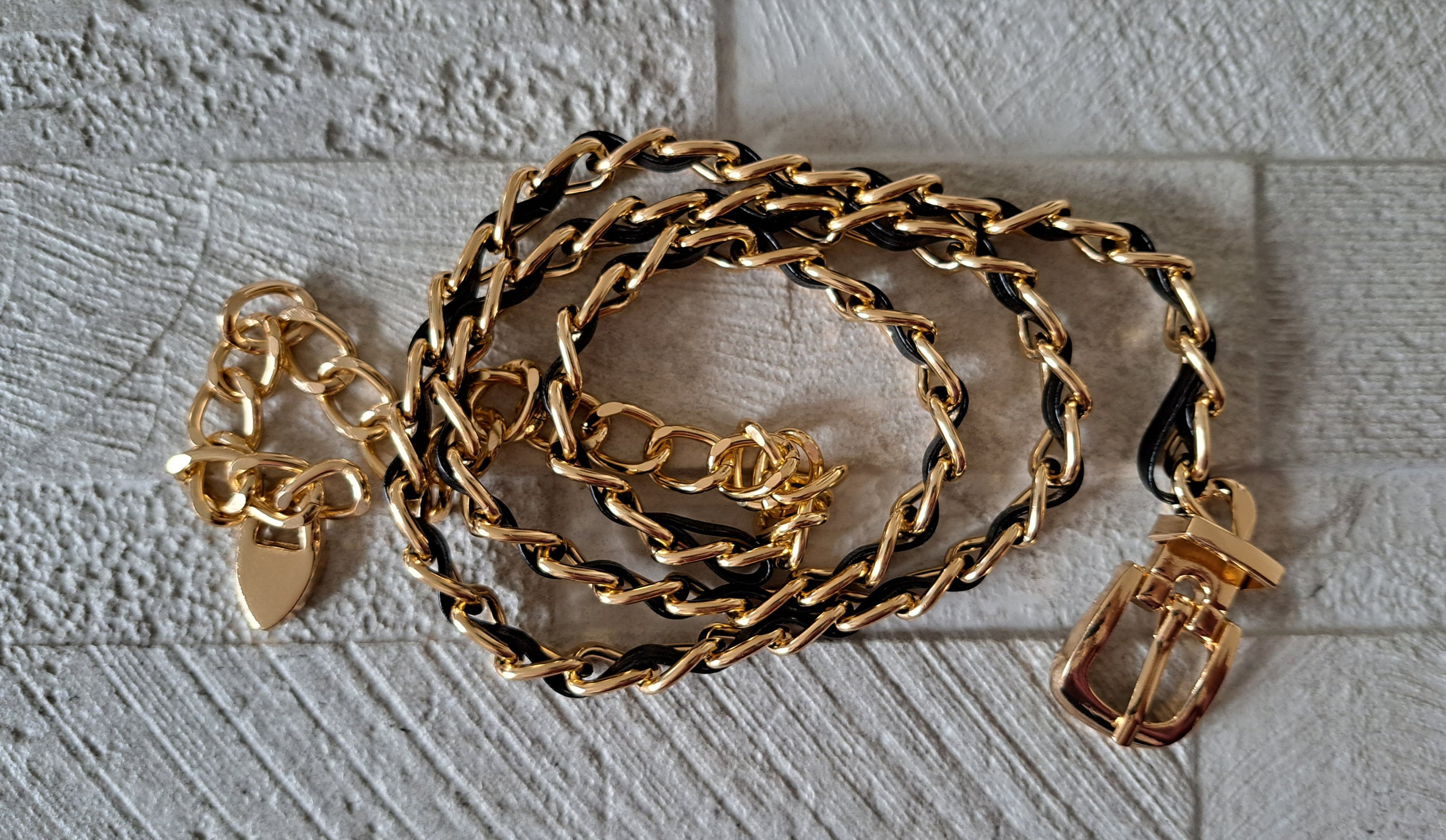 Gold Black Leather Adjustable Buckle Dress Belt