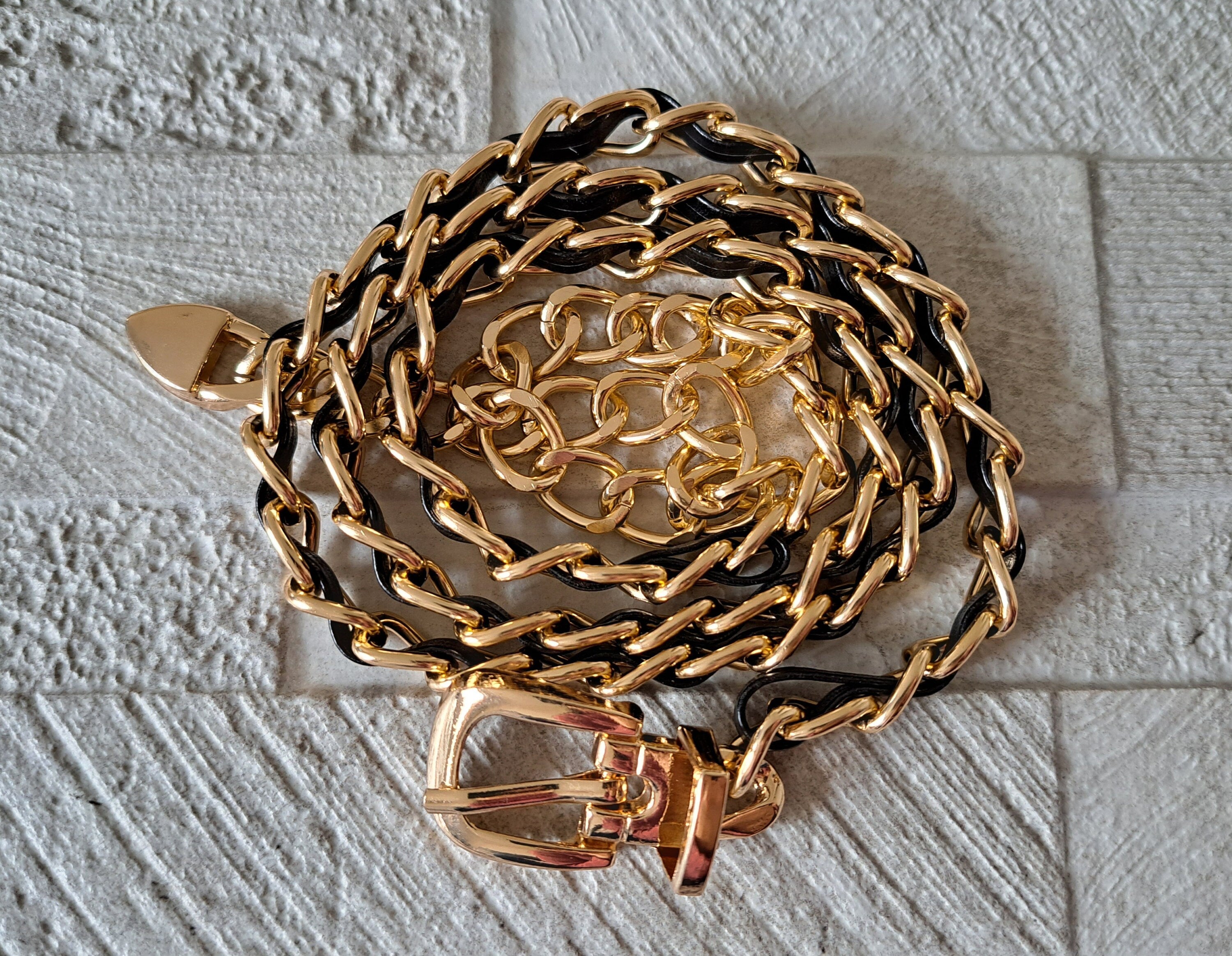 Gold Black Leather Adjustable Buckle Dress Belt