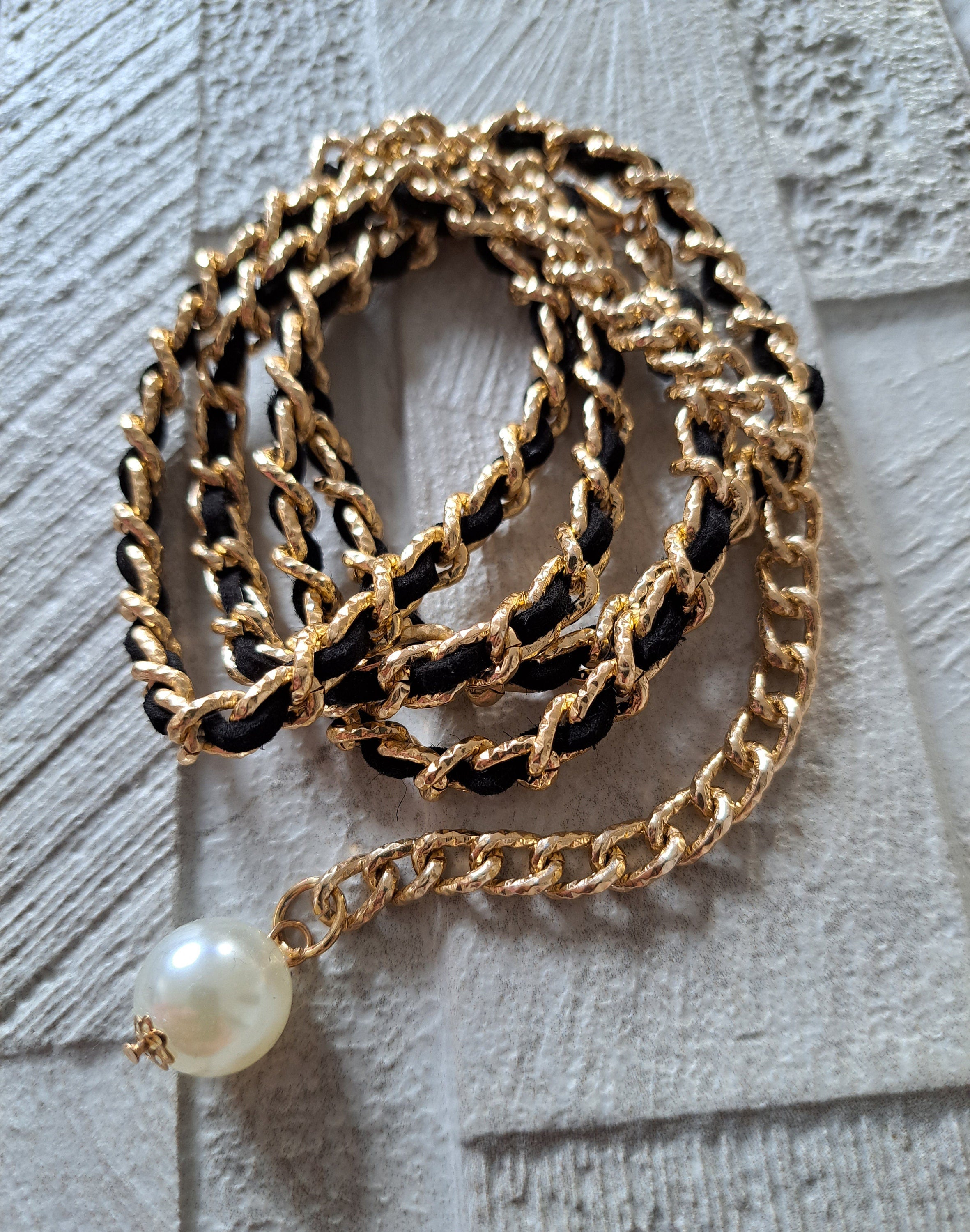 Gold black velvet skinny link chain with pearl embellishment belt