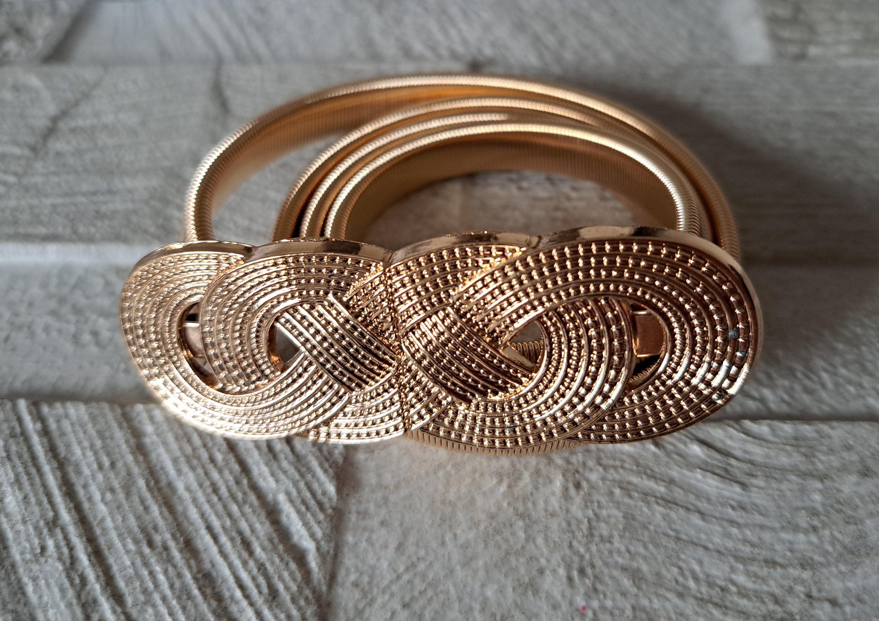 Gold Skinny Thin Textured Four Knot Elastic Buckle Dress Shirt Coat Belt