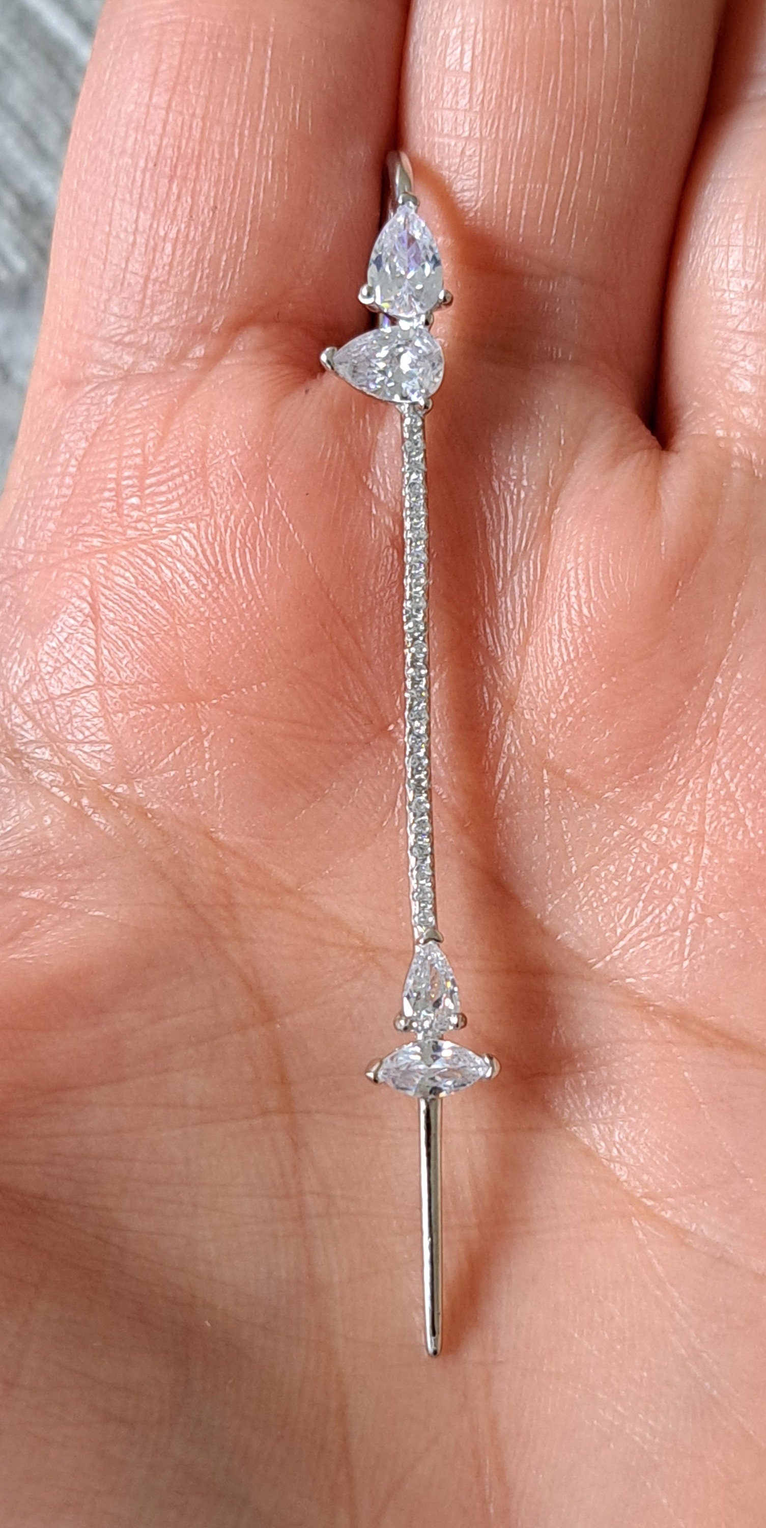 Long 925 Silver Swarovski Crystal Slide on Ear Clip Earring