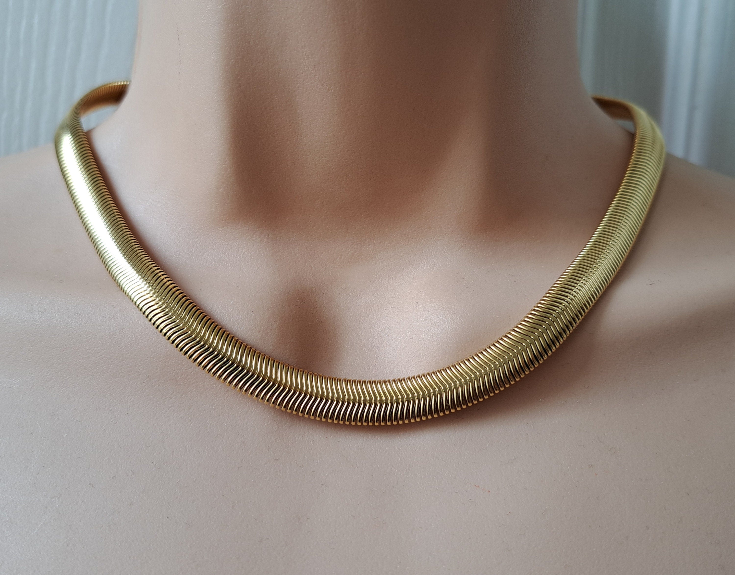 Gold Stainless Steel Snake Link Chain Adjustable Choker Necklace