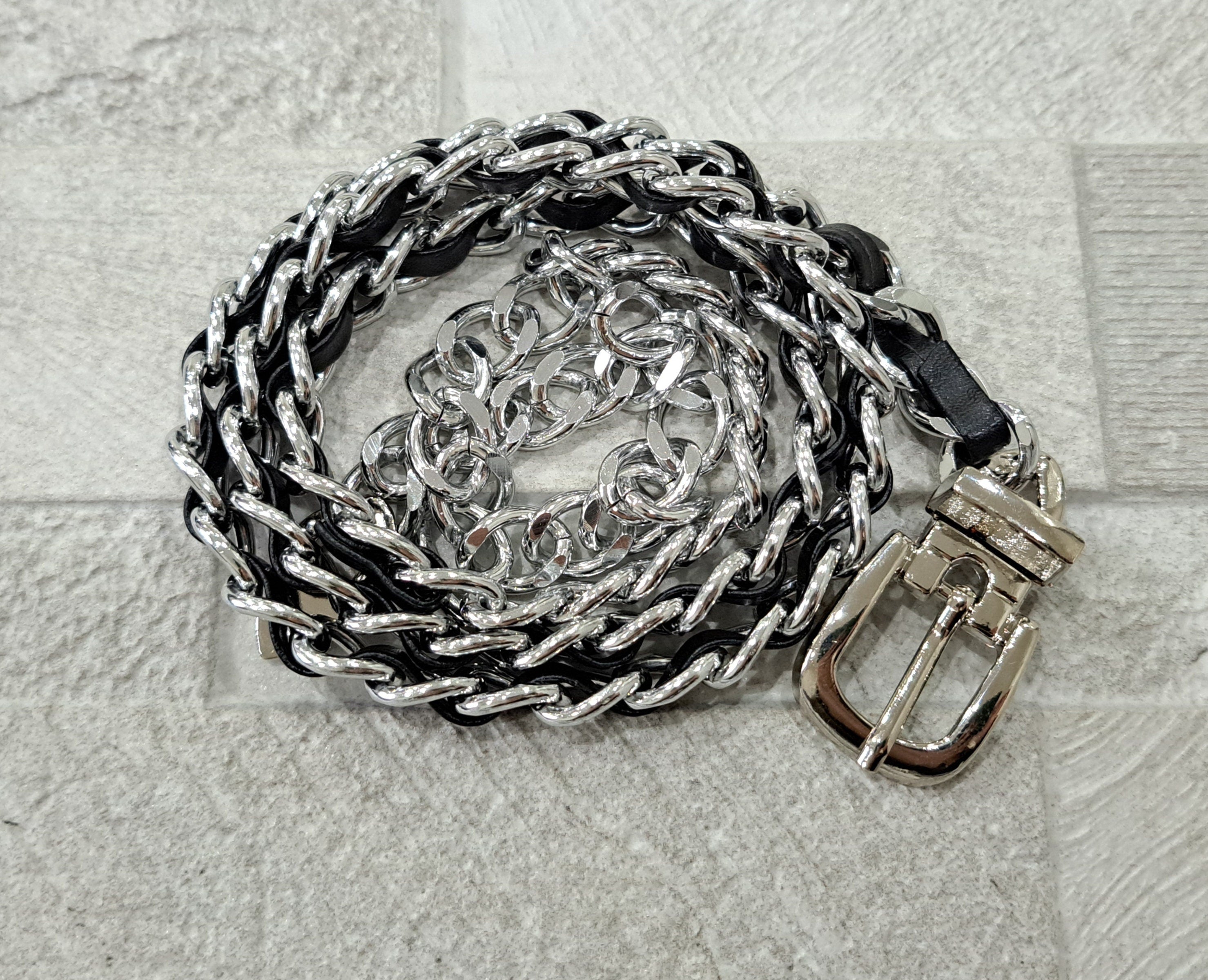 Silver Black Leather Buckle Dress Belt with Linked Chain
