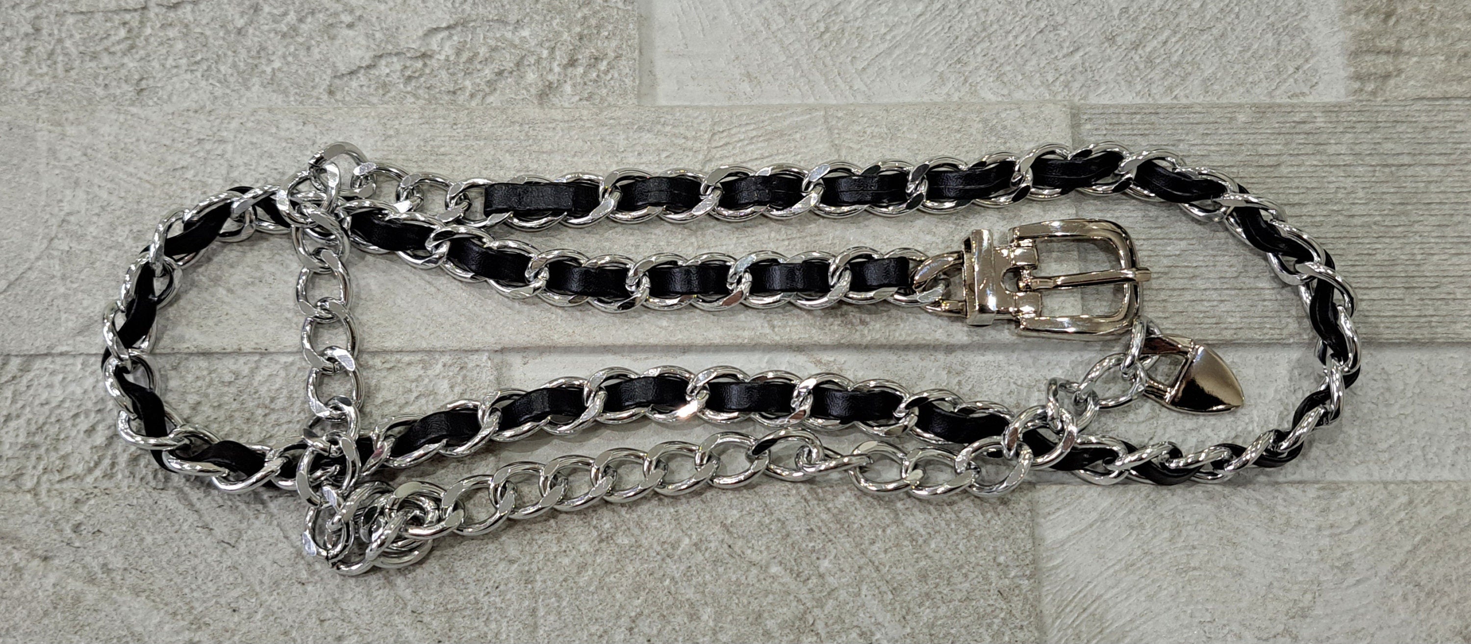 Silver Black Leather Buckle Dress Belt with Linked Chain