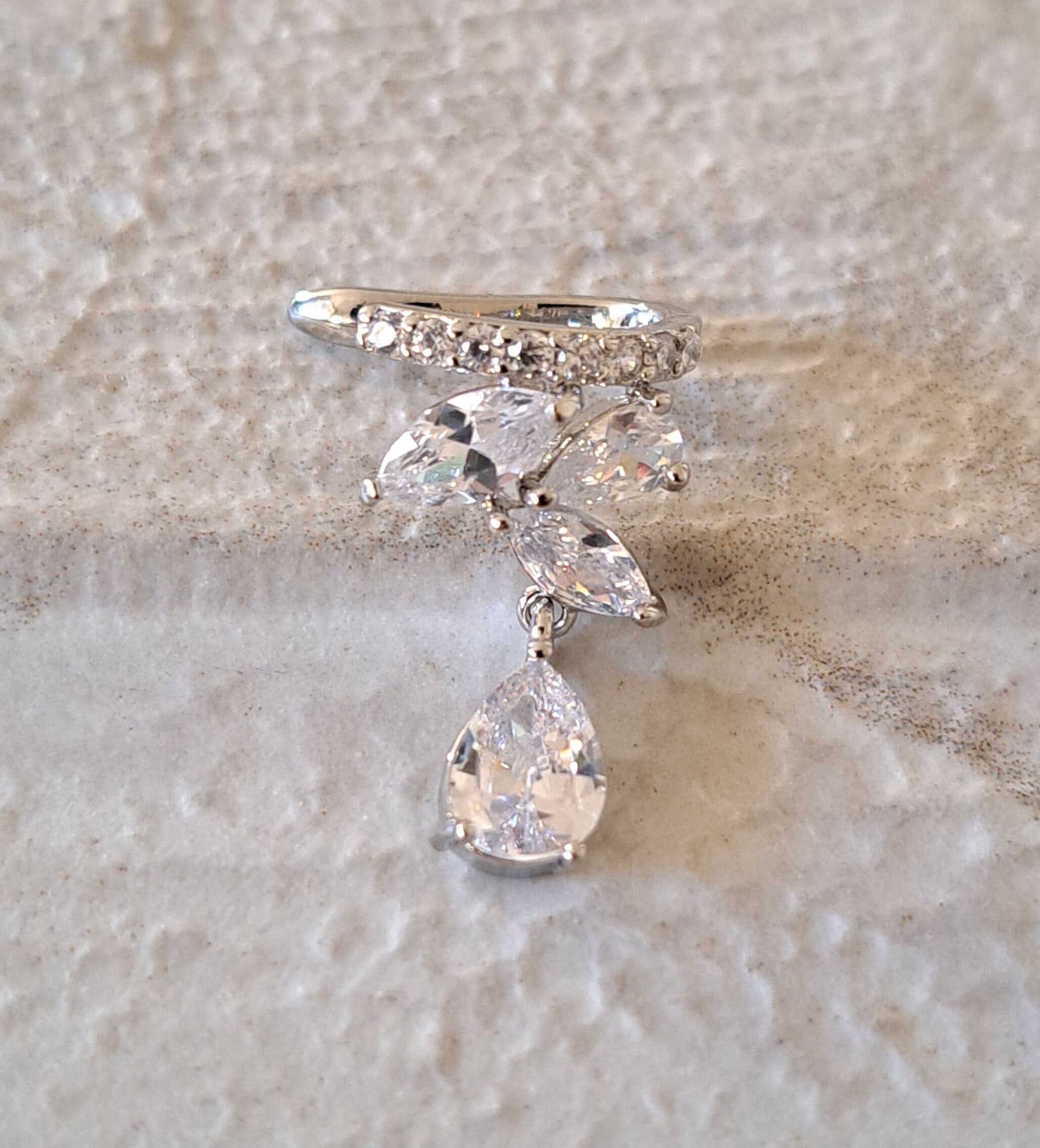 Silver Crystal Leaf Drop Ear Cuff Earring