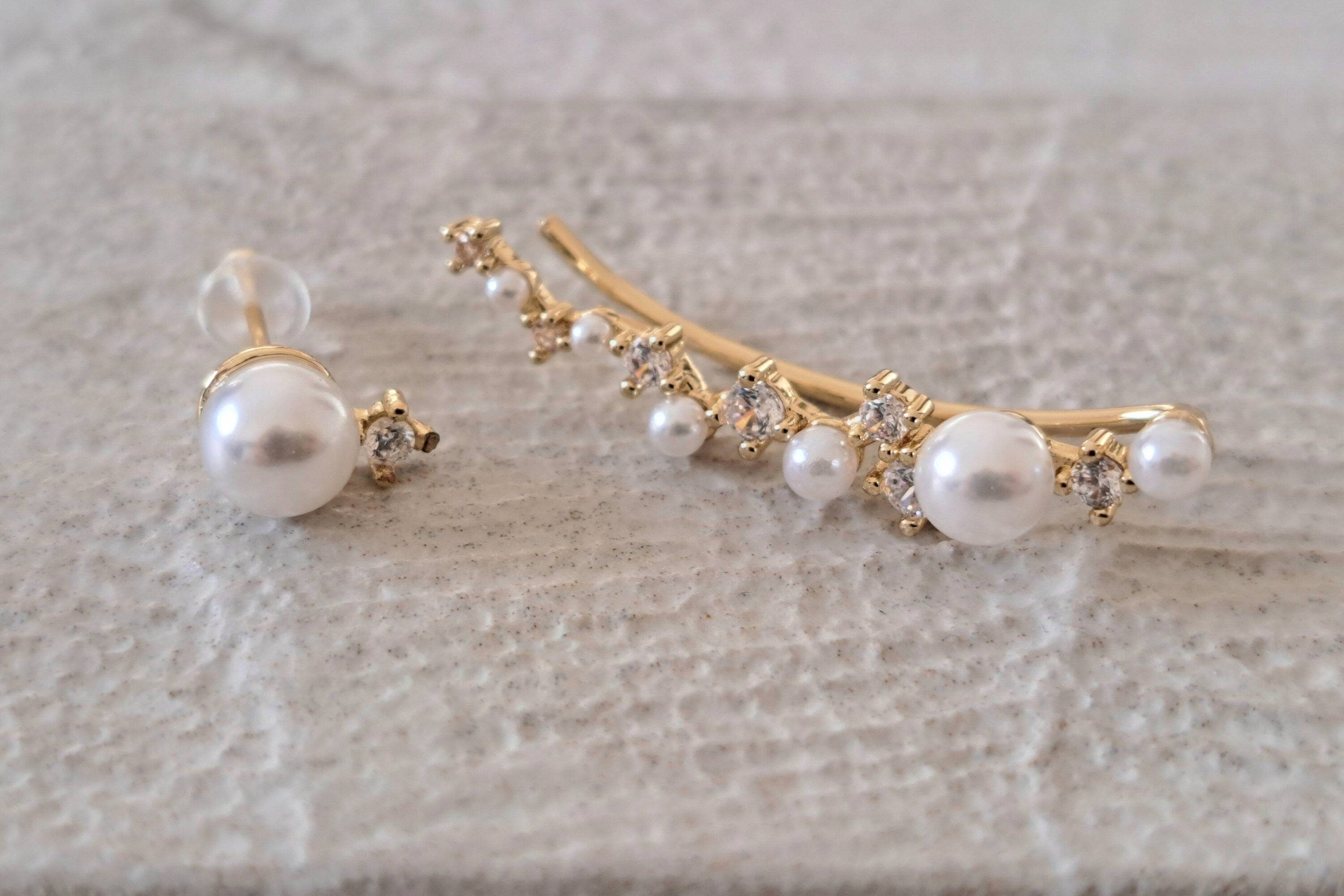 Gold Pearl Swarovski Crystal Wrap Ear Cuff Earring and Stud