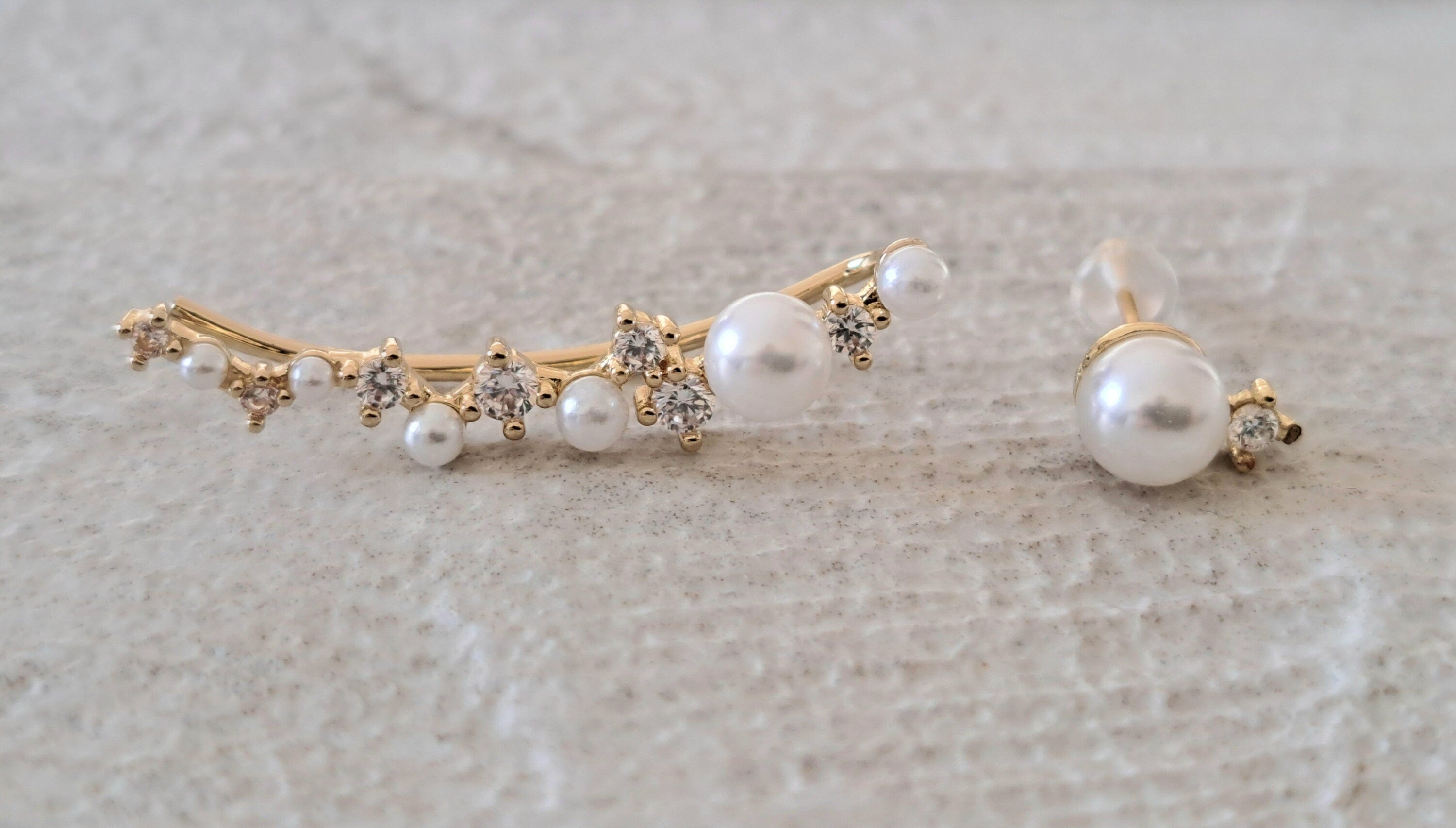 Gold Pearl Swarovski Crystal Wrap Ear Cuff Earring and Stud