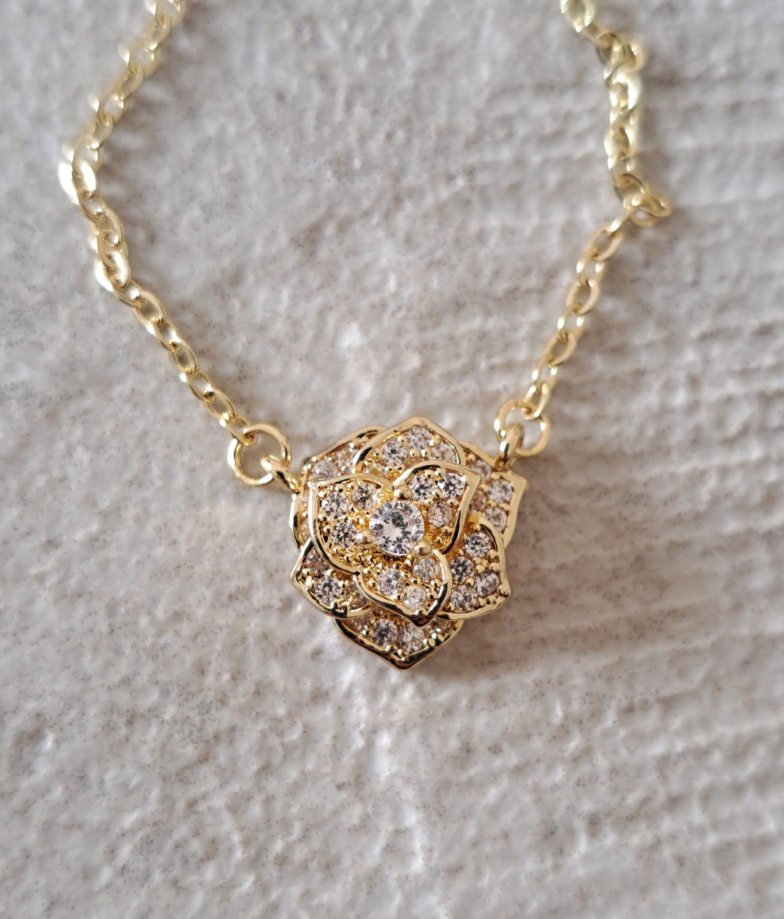 Rose Gold Swarovski Crystal Rose Flower Layered Pendant Necklace