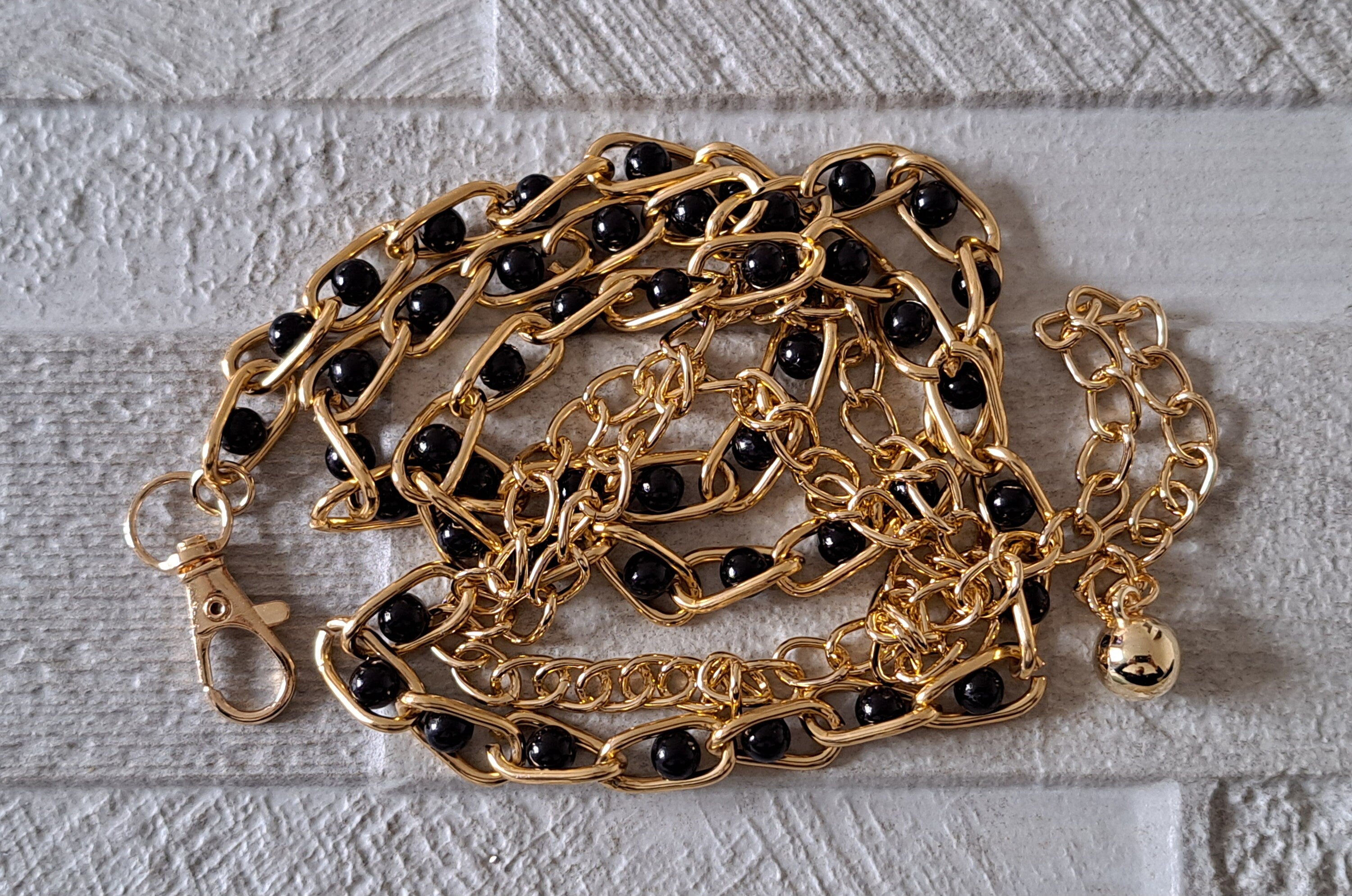 Gold Black Beaded Linked Chain Skinny Thin Handmade Dress Shirt Belt