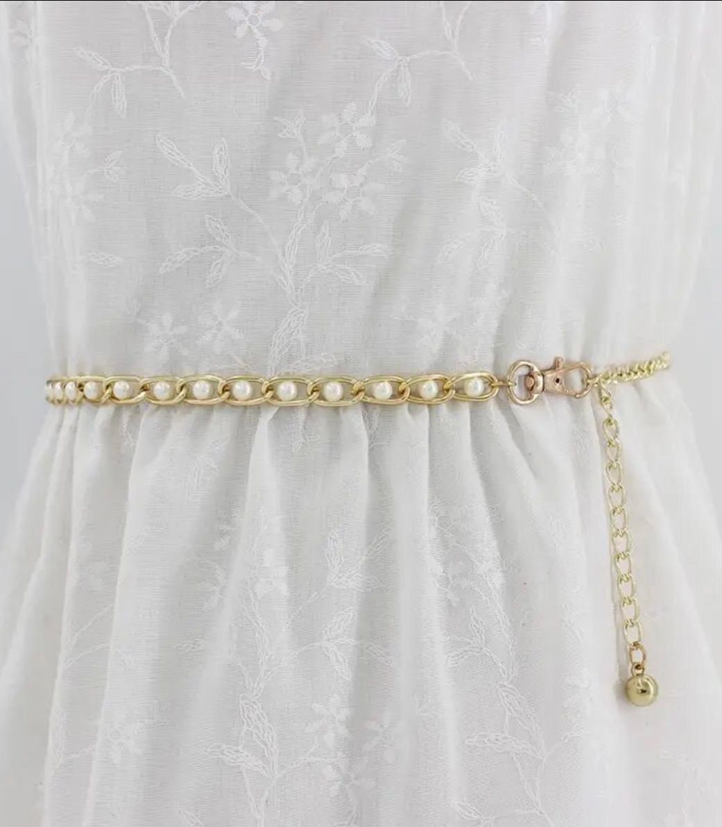 Gold White Beaded skinny Link Chain Shirt Belt with Gold Ball Embellishment