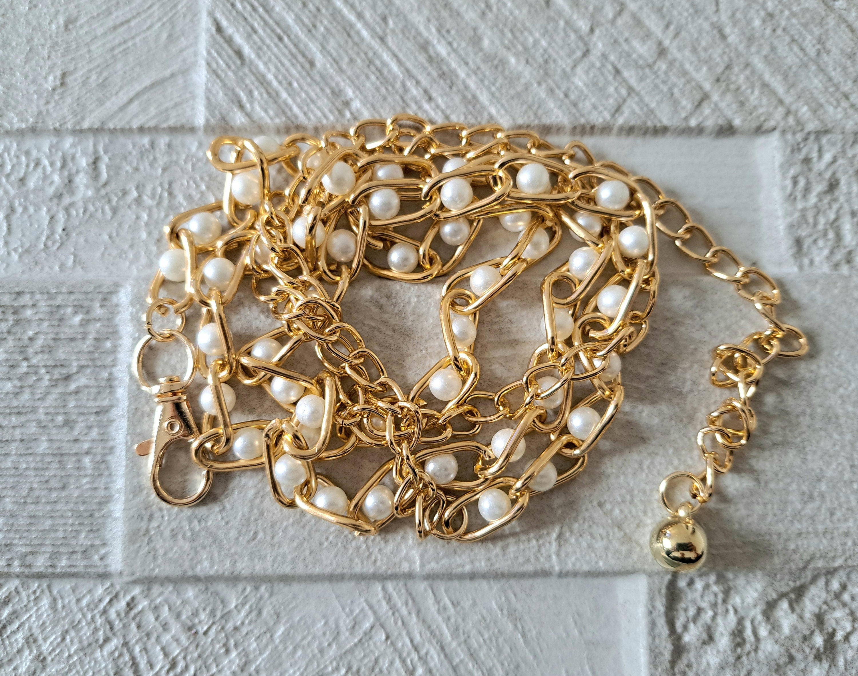 Gold White Beaded skinny Link Chain Shirt Belt with Gold Ball Embellishment
