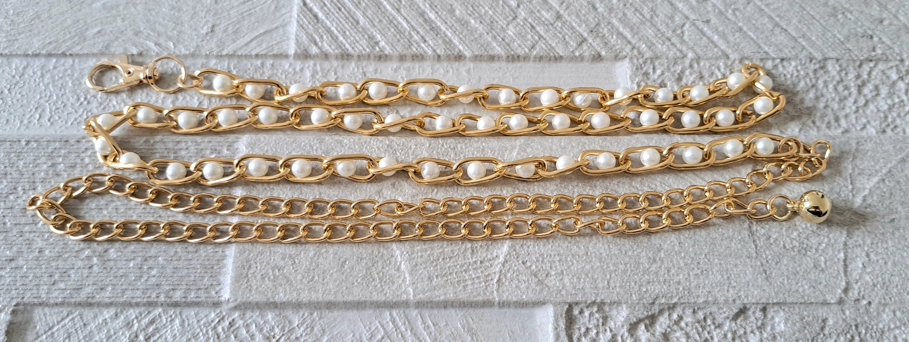 Gold White Beaded skinny Link Chain Shirt Belt with Gold Ball Embellishment