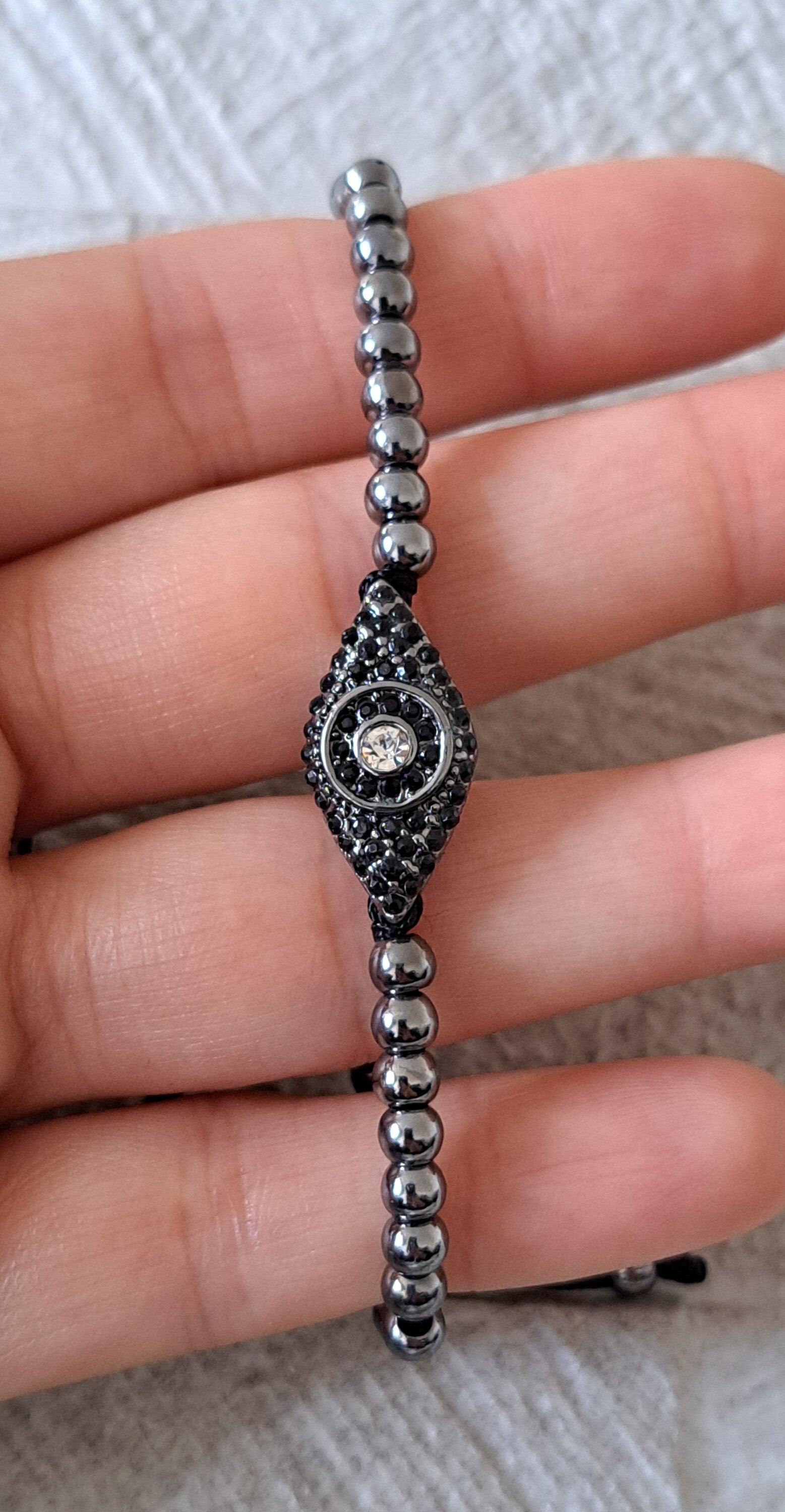 Black Evil Eye Swarovski Crystal Adjustable Flat Bracelet